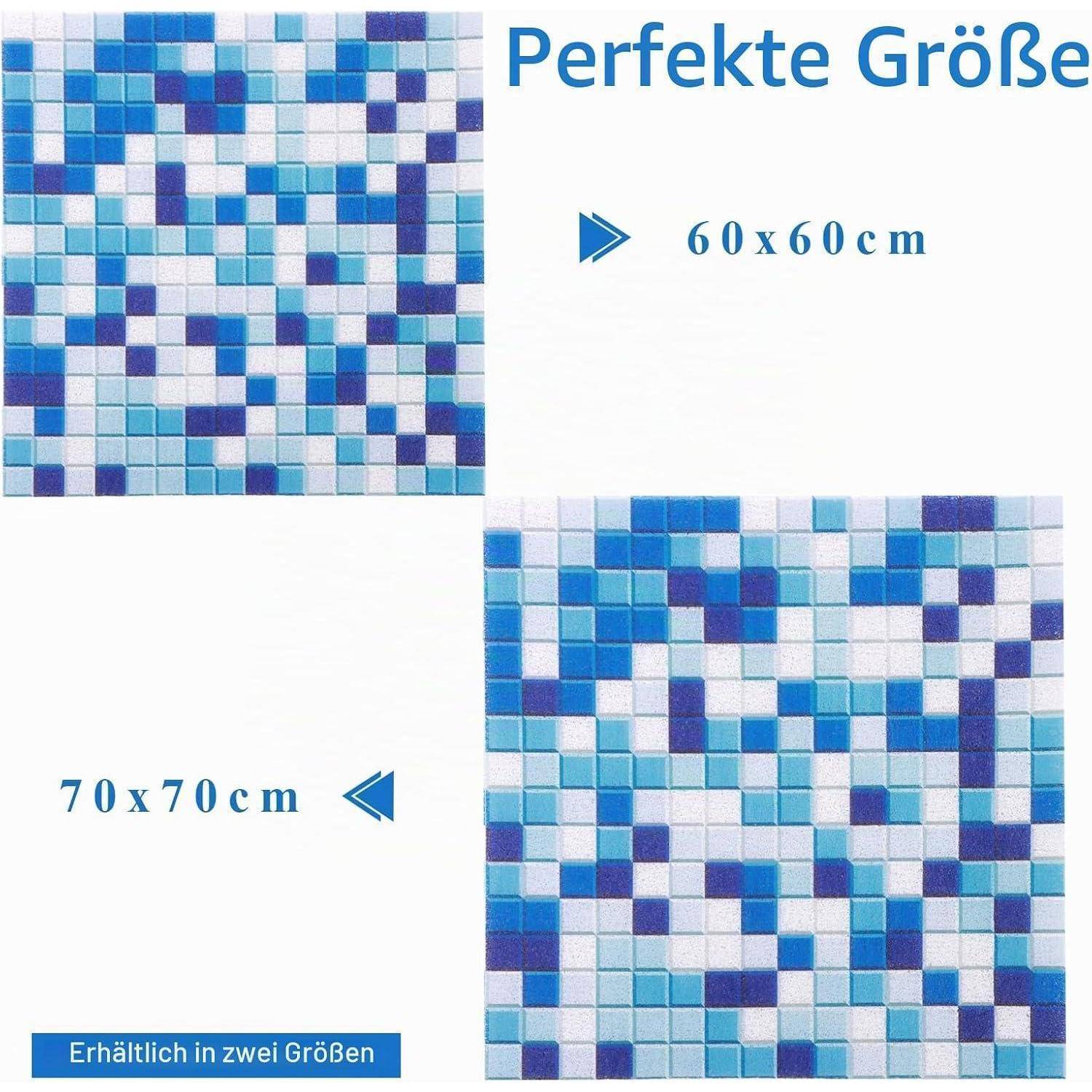 Deutsches Produktgrafikbild mit zwei blauen Mosaikfliesenmustern mit der Aufschrift "Perfekte Größe""; erhältlich in 60 x 60 cm und 70 x 70 cm, ""Erhältlich in zwei Größen"".