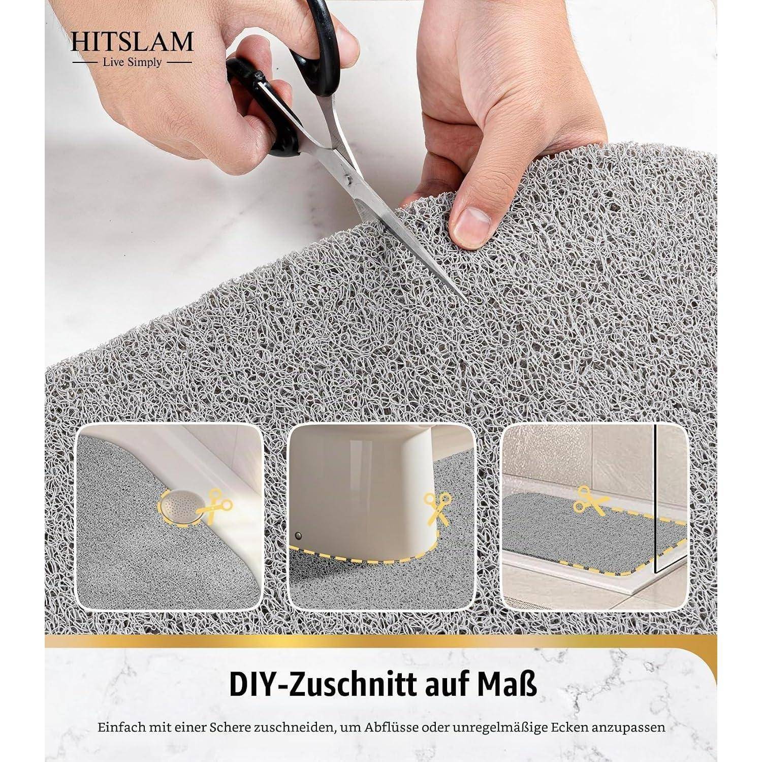 Hände schneiden eine graue Matte mit einer Schere, was zeigt, wie man DIY-Maßnahmen zum Trimmen für Abläufe und unregelmäßige Ecken durchführt.