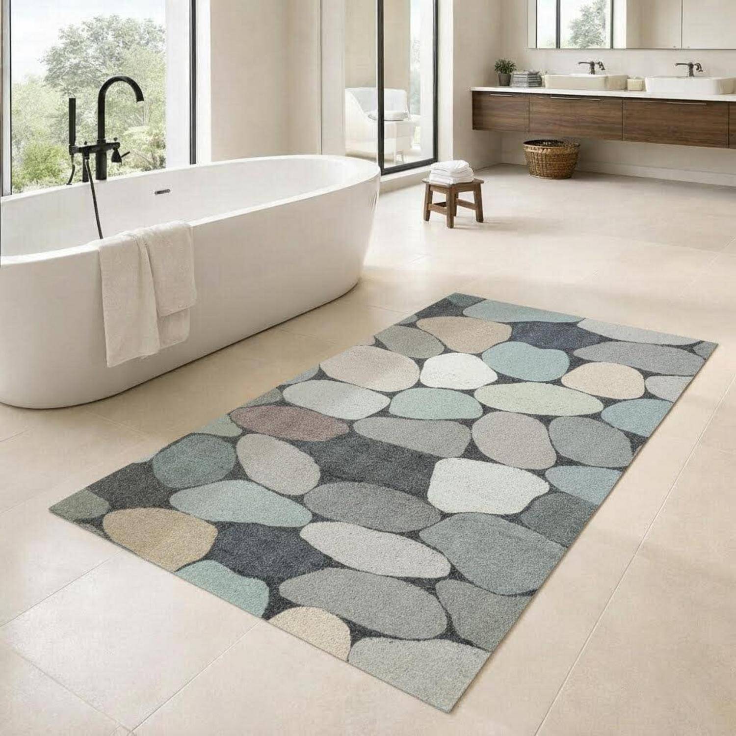 Minimalistisches Badezimmer mit freistehender Badewanne und Doppelwaschbecken, mit einem rechteckigen Teppich mit Kieselsteinmuster auf dem Boden.