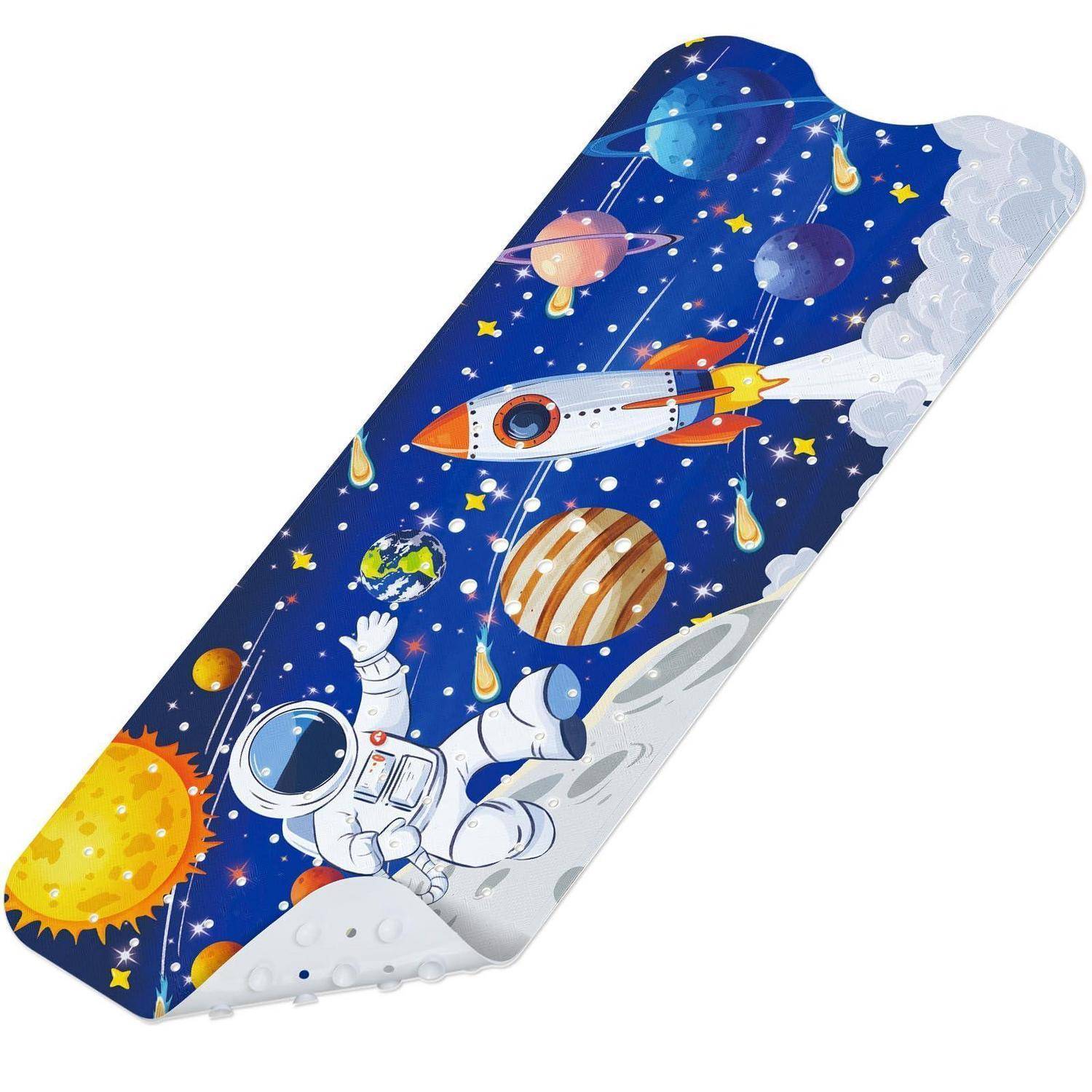 Bleistiftetui mit Weltraummotiven mit Astronaut, Rakete, Planeten, Sternen und Sonne auf blauem Hintergrund