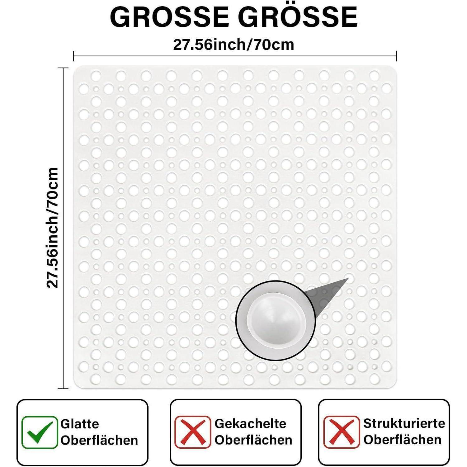 Das Produktgrößendiagramm zeigt eine Saugnapfmatte mit den Abmessungen 27,56 x 27,56 Zoll/70 x 70 cm, nur für glatte Oberflächen geeignet; nicht für gekachelte oder strukturierte Oberflächen.