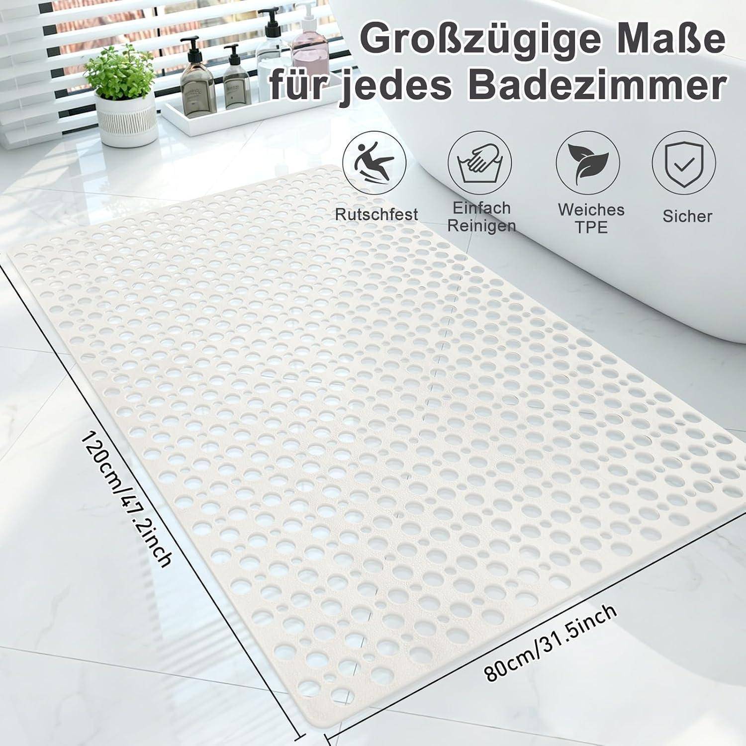 Weißer perforierter Badvorleger im Badezimmer, gekennzeichnet mit 120 cm x 80 cm, mit deutschem Text „Großzügige Maße für jedes Badezimmer