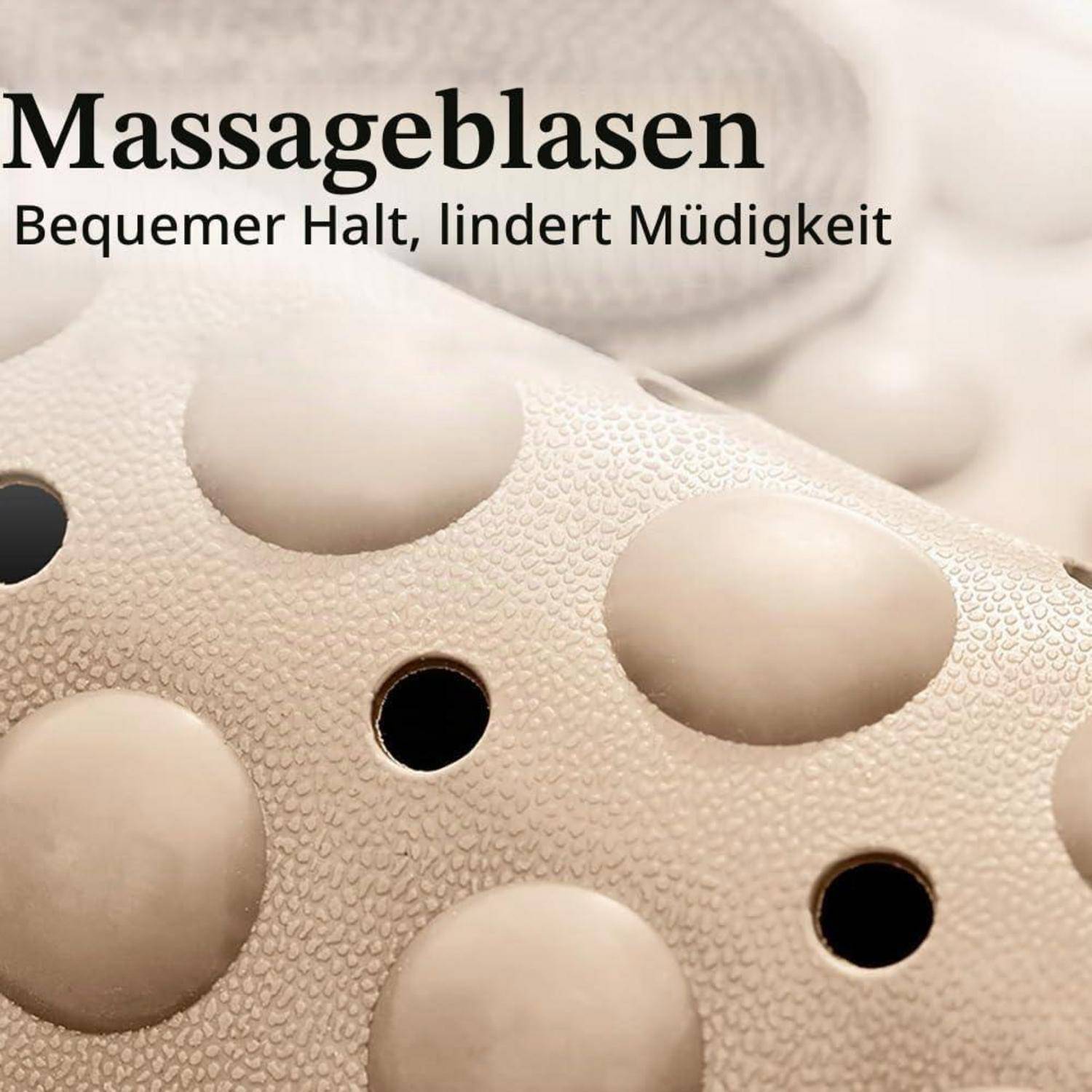 Produktbild eines beigen Massagekissens mit runden erhabenen Pads und Löchern, gekennzeichnet mit 'Massageblasen' und 'Bequemer Halt, lindert Müdigkeit' auf Deutsch.