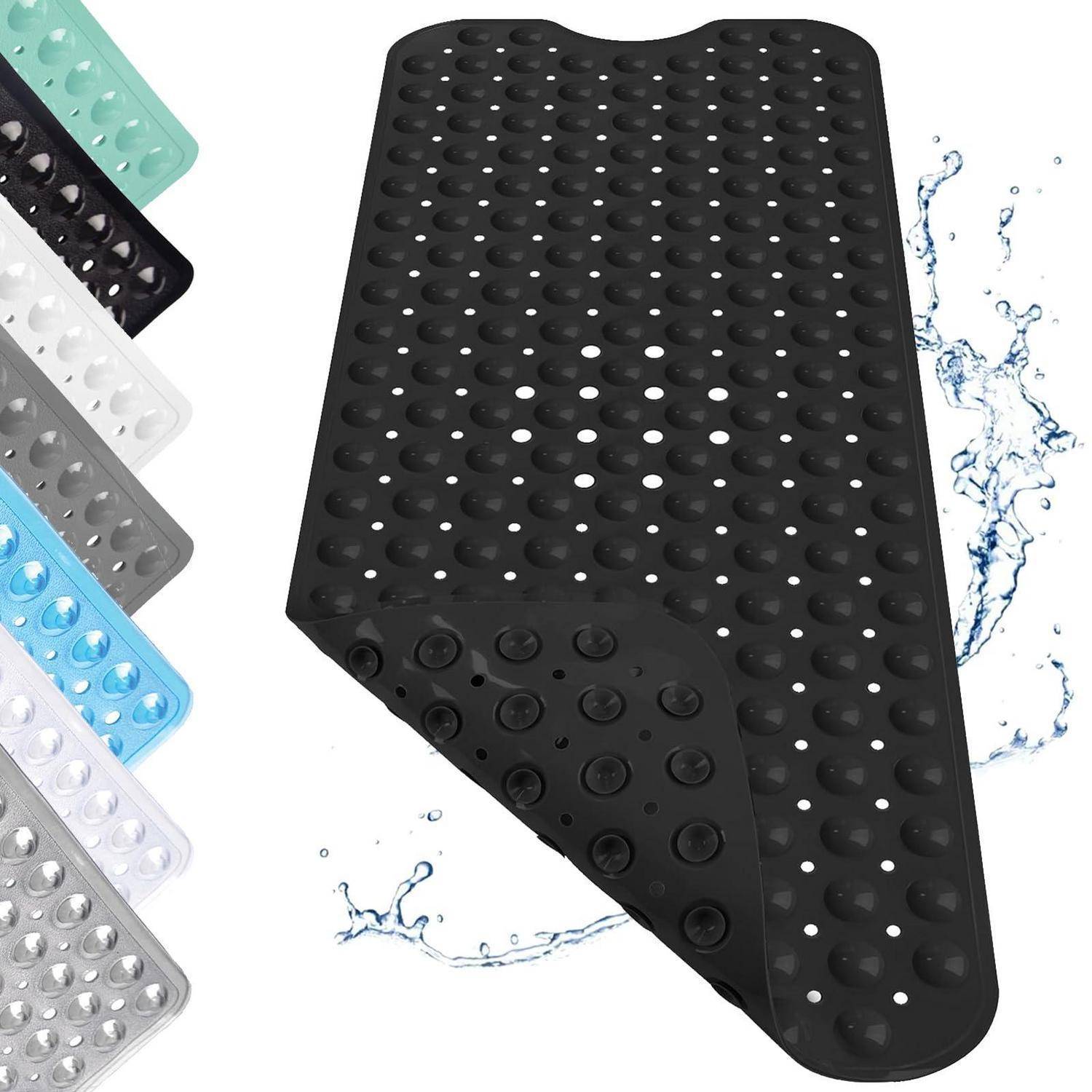 Perforierte Gummimatte mit Rutschfestigkeit und Saugnäpfen, in Schwarz und mehreren Farboptionen erhältlich, zur Verwendung in Bad oder Dusche.