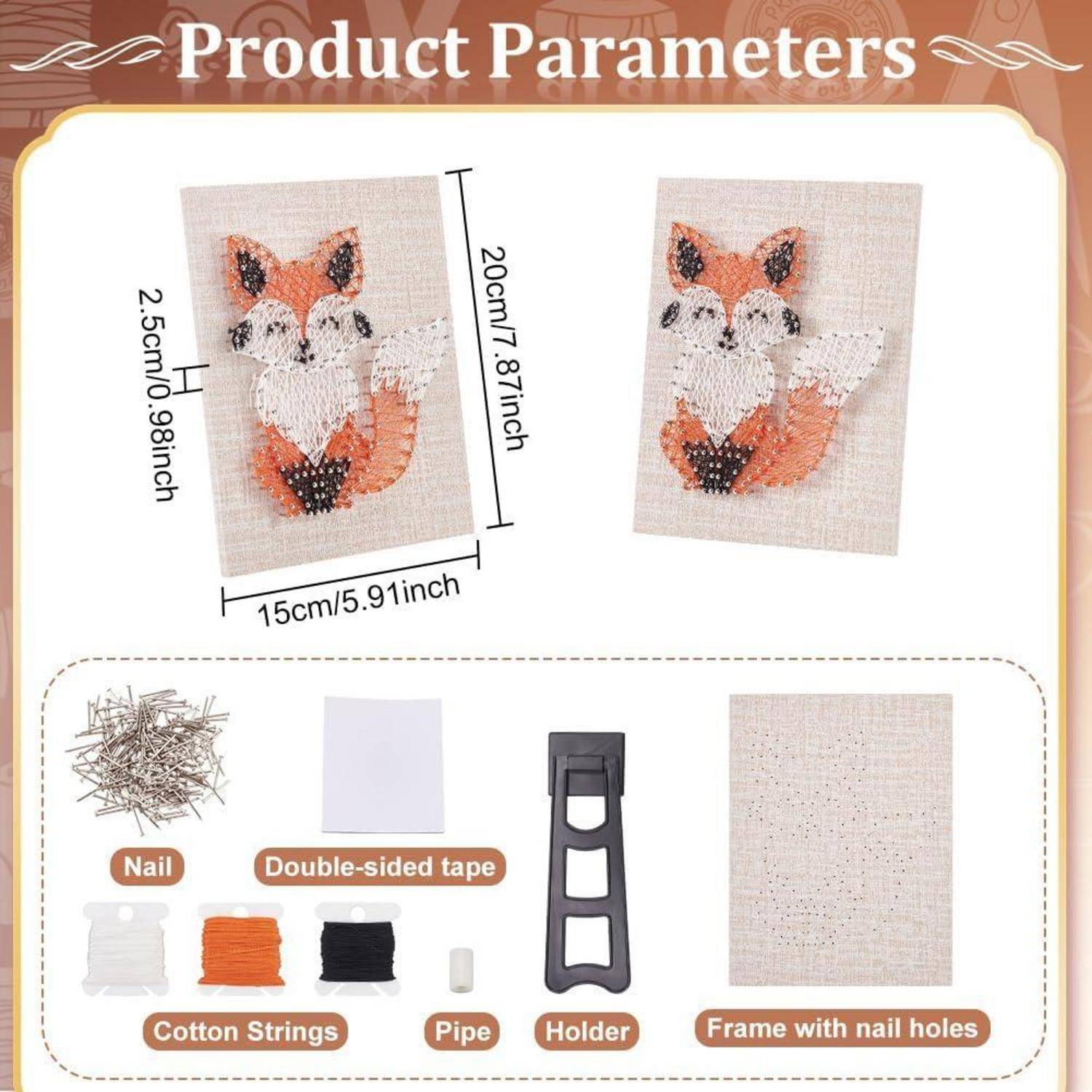 Produktparameter-Grafik mit einem Diamantmalerei-Set mit Fuchsmotiv, Größe 20 x 15 cm, plus enthaltene Materialien: Nägel, doppelseitiges Klebeband, Baumwollschnüre, Rohr, Halter und Rahmen mit Nagelöchern.