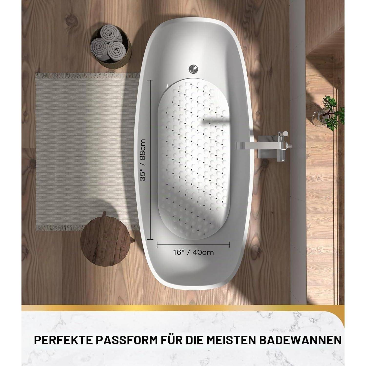 Draufsicht einer ovalen Badewanne mit einer perforierten Badewannenmatte, beschriftet mit „35