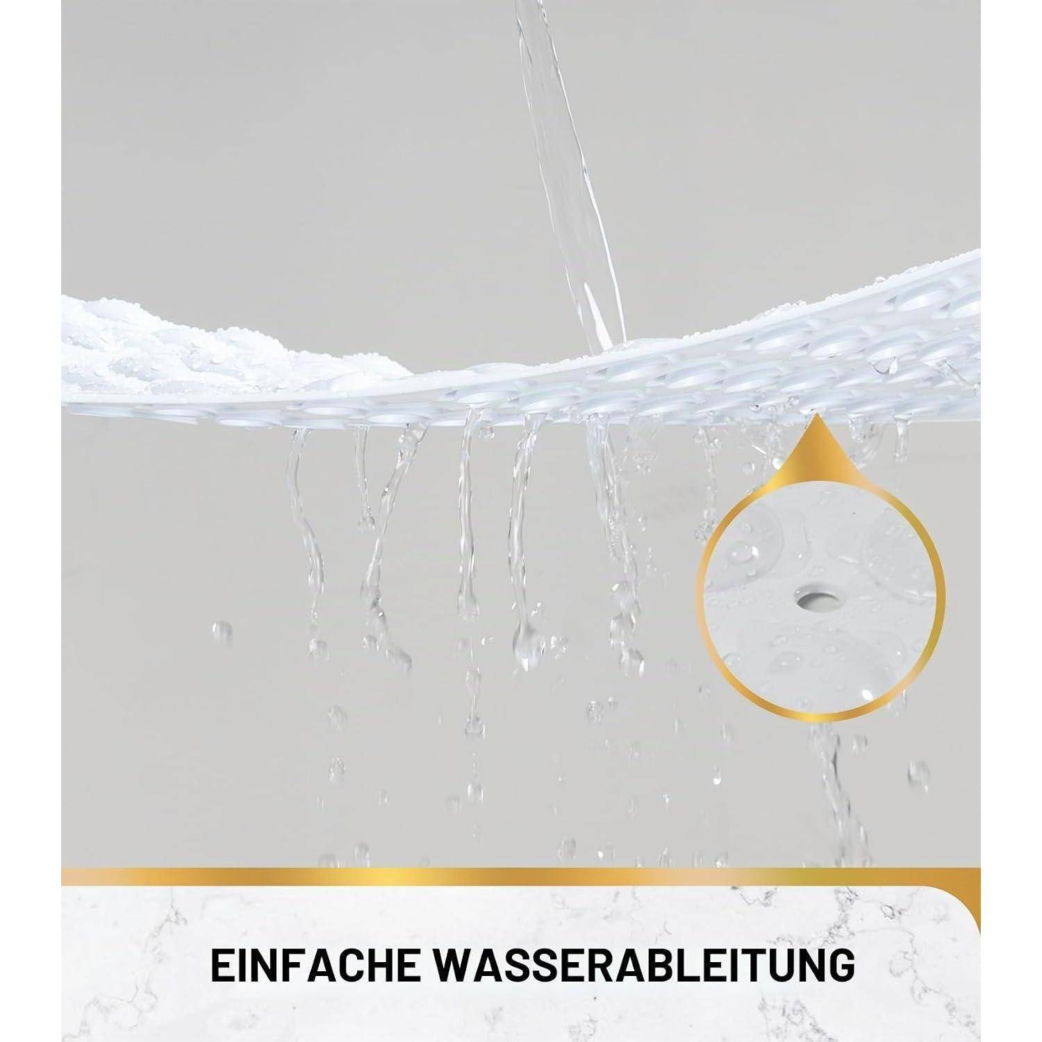 Werbeanzeige zeigt Wasser, das von einer Oberfläche durch einen kleinen kreisförmigen Abfluss abfließt, mit der Beschriftung „EINFACHE WASSERABLEITUNG