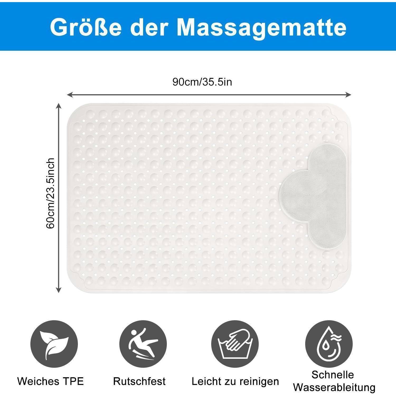 Produktdiagramm einer Massagematte mit den Abmessungen 90 cm x 60 cm (35,5 x 23,5 Zoll) und folgenden Merkmalen: weiches TPE, rutschfest, leicht zu reinigen und schnelle Wasserdrainage.