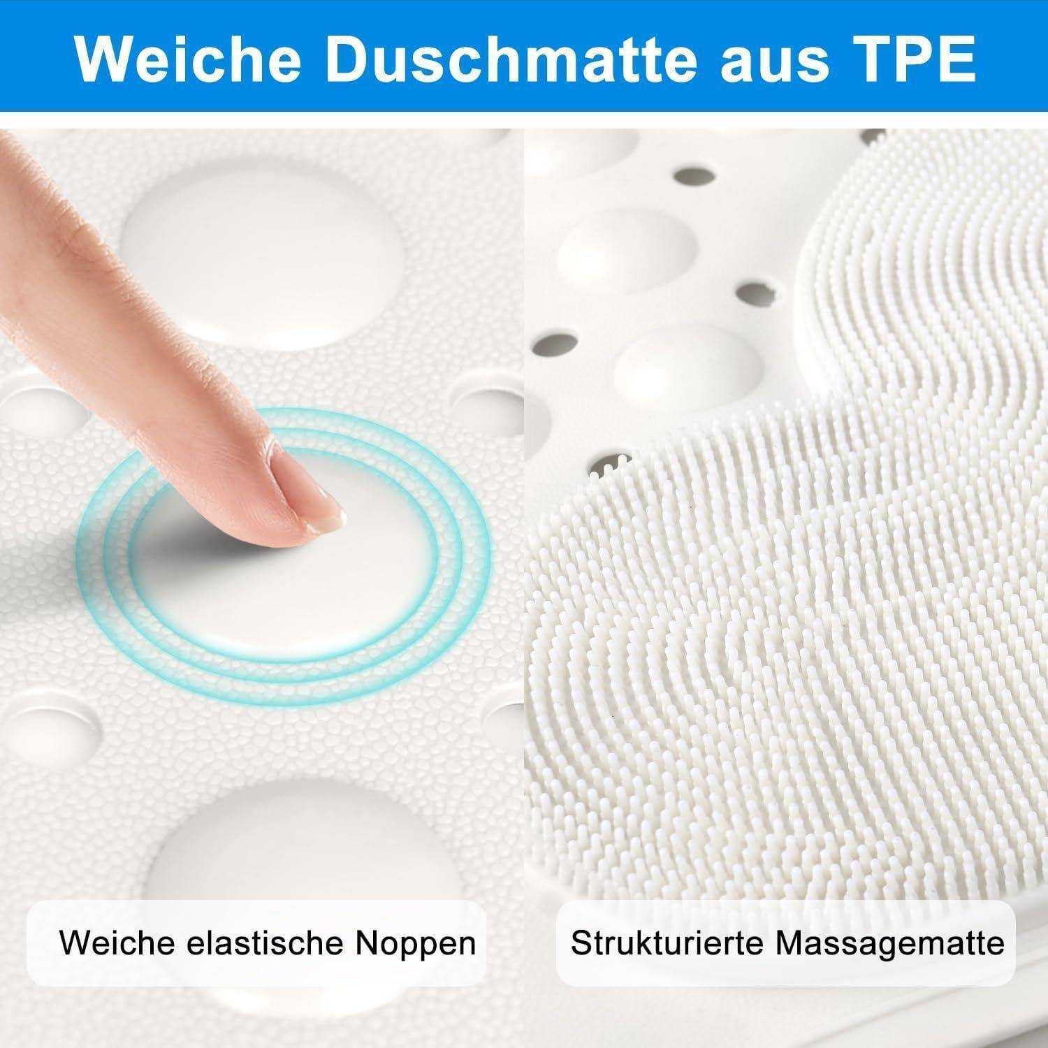 Nahaufnahme eines Fingers, der auf eine weiße, weiche TPE-Massagematte mit erhabenen Noppen und kreisförmigen Texturen drückt; der Text lautet „Weiche Duschmatte aus TPE