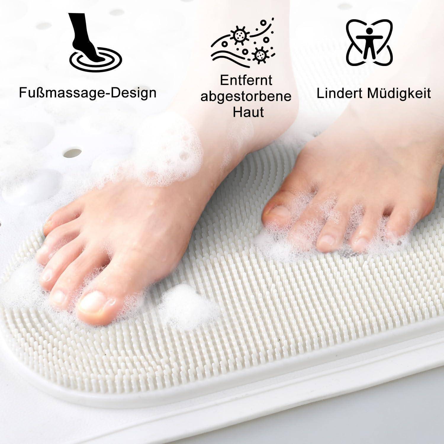Fußmassage-Matte aus Schaum für barfüßiges Betreten; Symbole und deutscher Text besagen, dass sie die Füße massiert, abgestorbene Haut entfernt und Müdigkeit lindert.