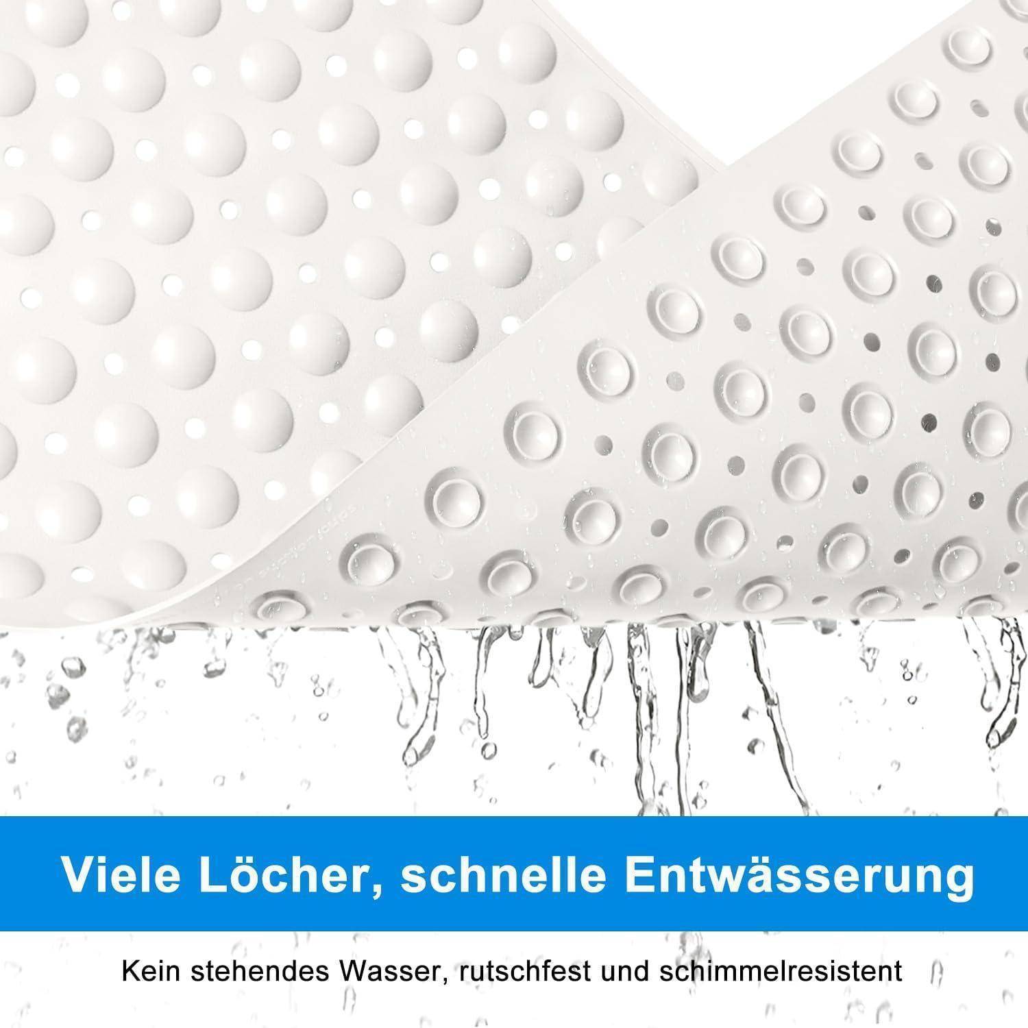 Weiße perfekte Matte mit Wasser, das hindurchfließt; deutscher Text lautet „Viele Löcher, schnelle Entwässerung
