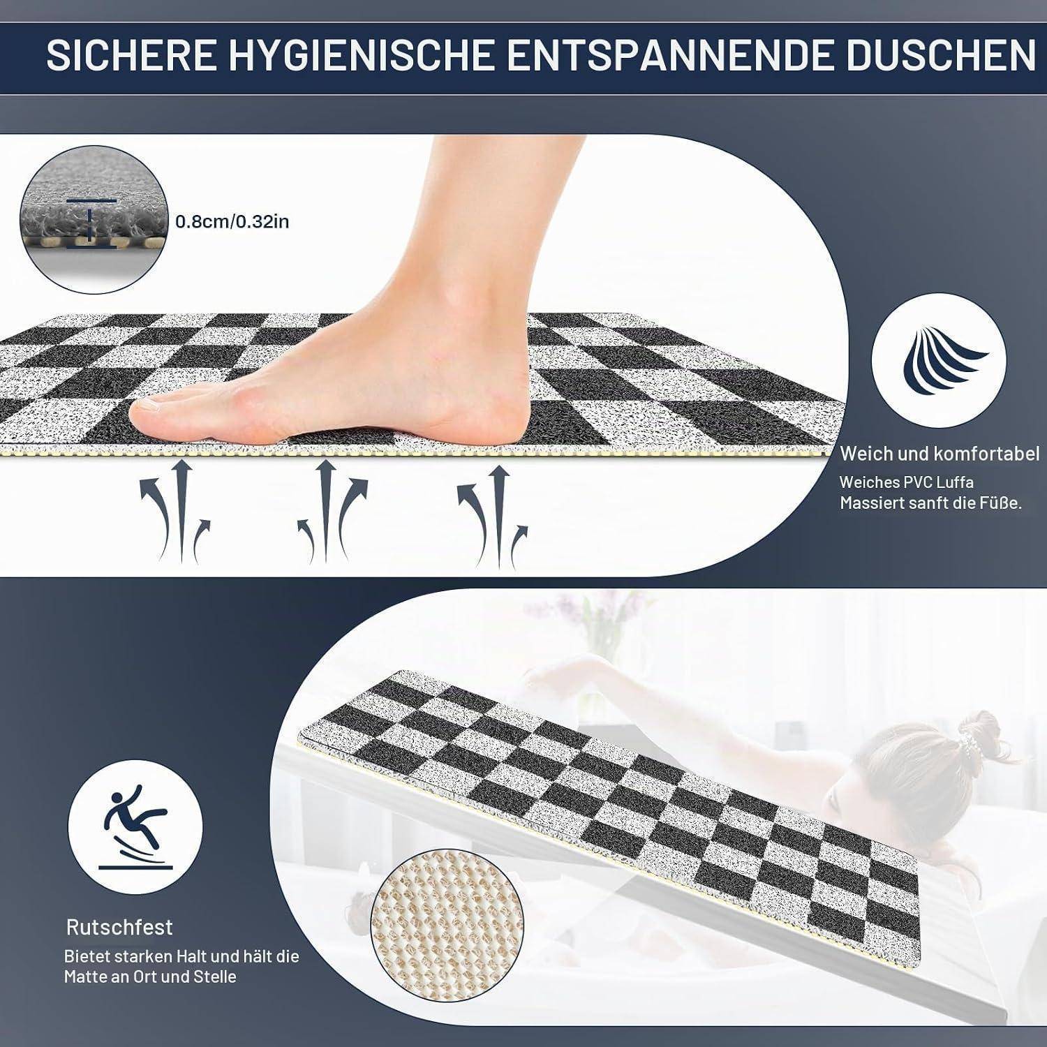 Die Anzeige zeigt eine gepolsterte karierte PVC-Badmatte unter einem Fuß und hebt die Dicke von 0,8 cm, weiches Komfortgefühl, Rutschfestigkeit und sichere Bodenhaftung hervor.