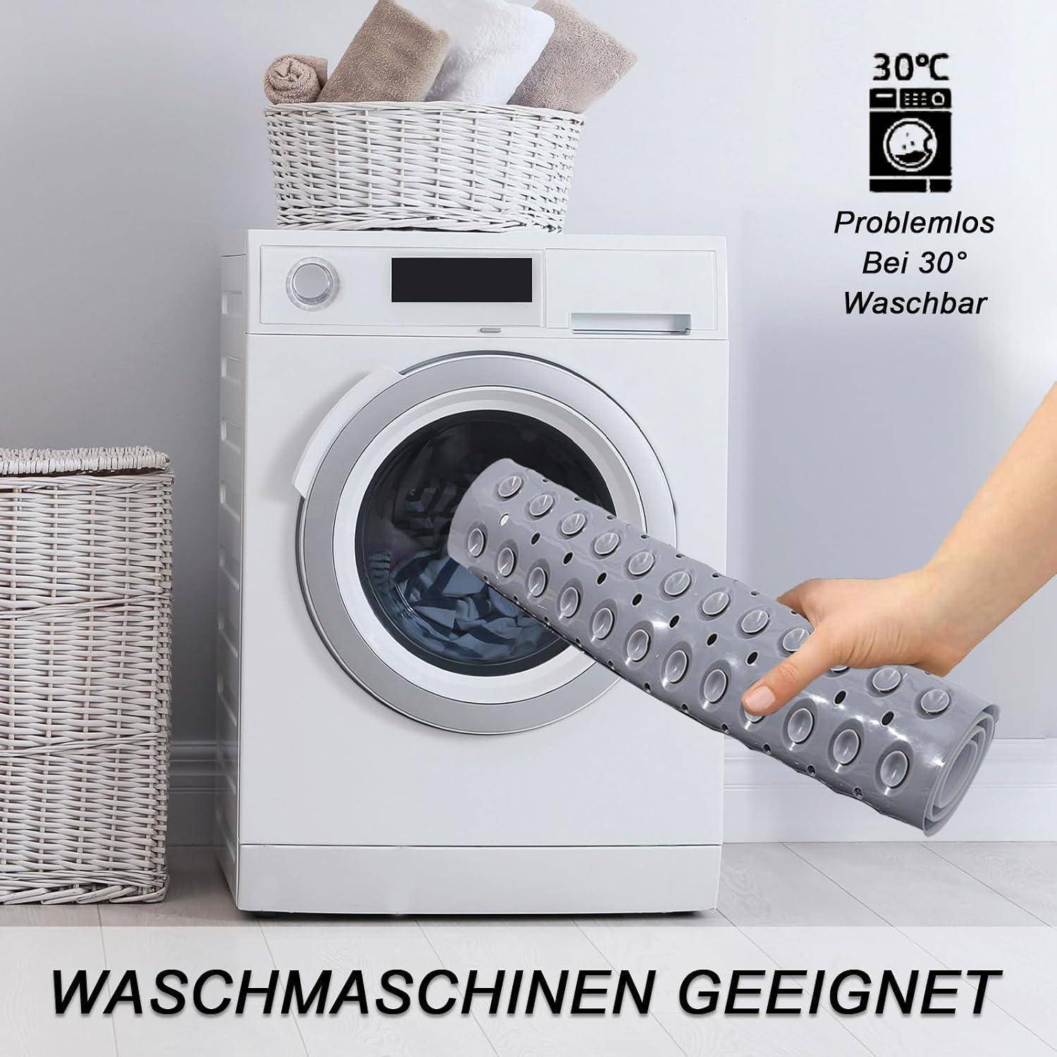 Grauer Silikonreiniger für Waschmaschinetrommeln wird auf eine Frontlader-Waschmaschine gerichtet, mit deutschem Text „Waschmaschinen geeignet" und „Problemlos bei 30° waschbar"".