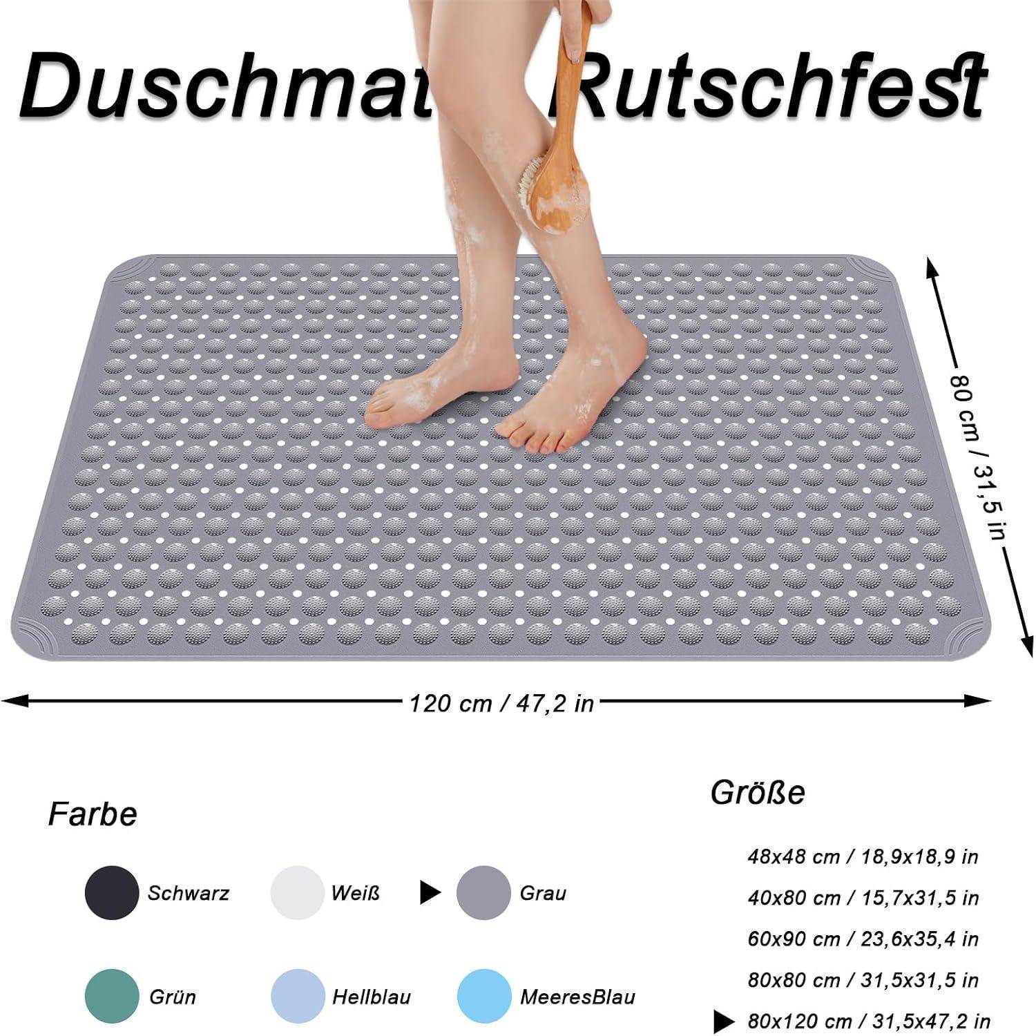 Duschmatte rutschfest 80x120cm PVC mit Saugnäpfen Grau
