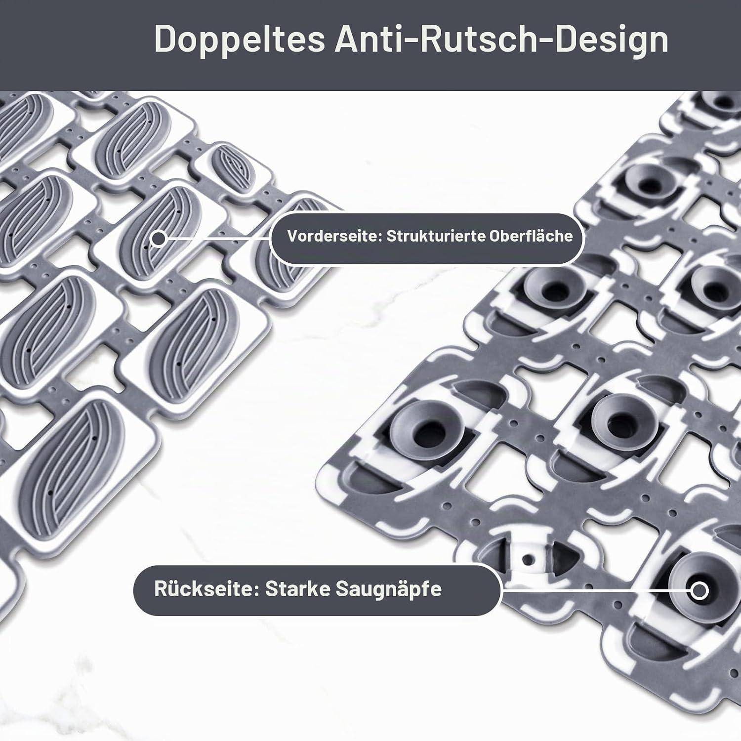 Diagramm zeigt „Doppeltes Anti-Rutsch-Design" mit strukturierter Vorderseite und starken Saugnäpfen auf der Rückseite auf modularen grauen Pads.