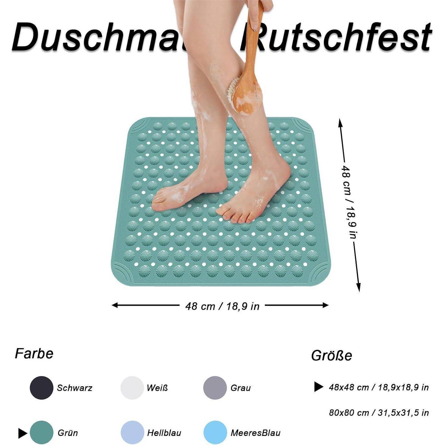Rutschfeste Duschmatte unter den Füßen gezeigt, mit dem Produktnamen „Duschmatte rutschfest
