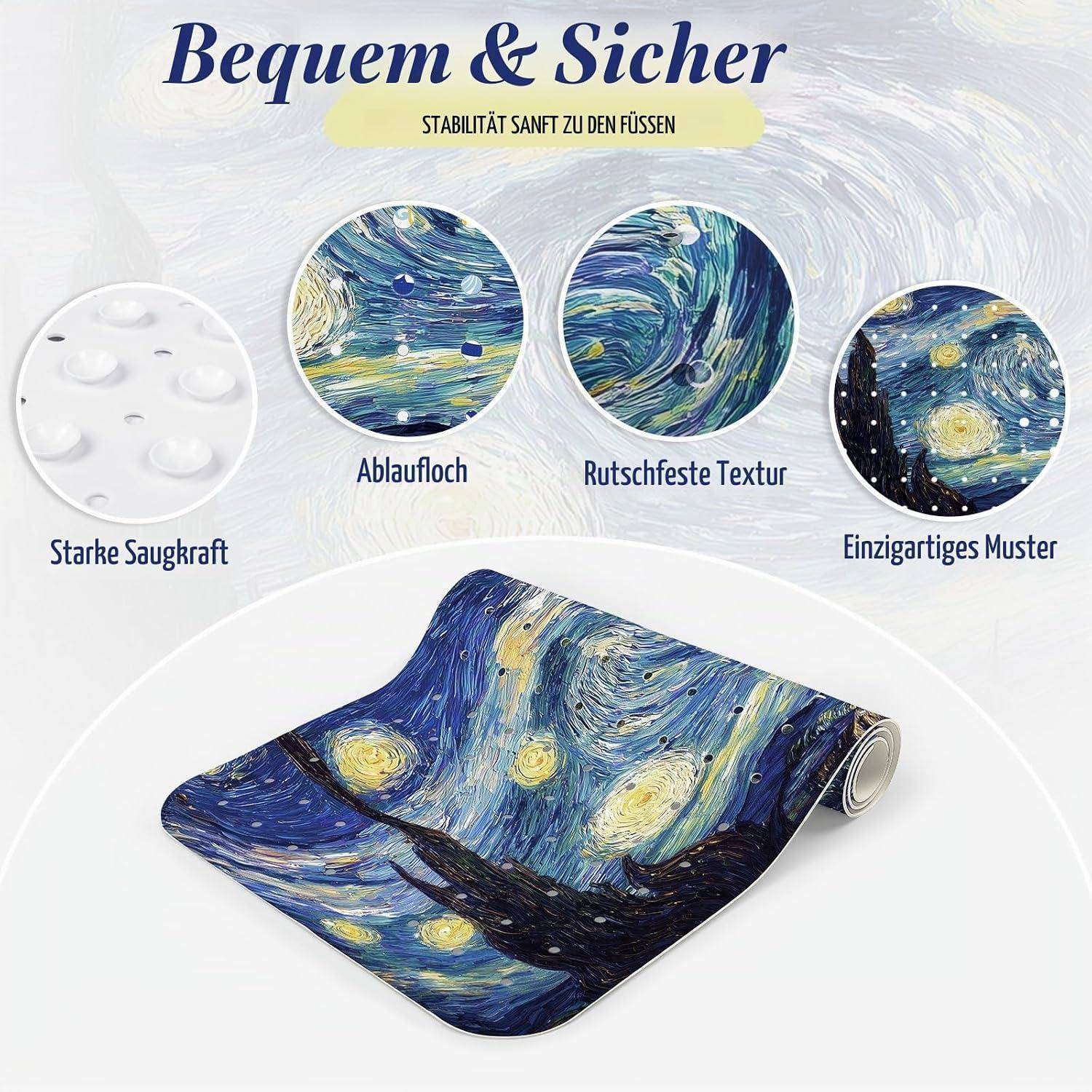 Werbebild einer Badematte mit Sternennacht-Muster, das starke Saugkraft, Abflussloch, rutschfeste Oberfläche und einzigartiges Design zeigt.