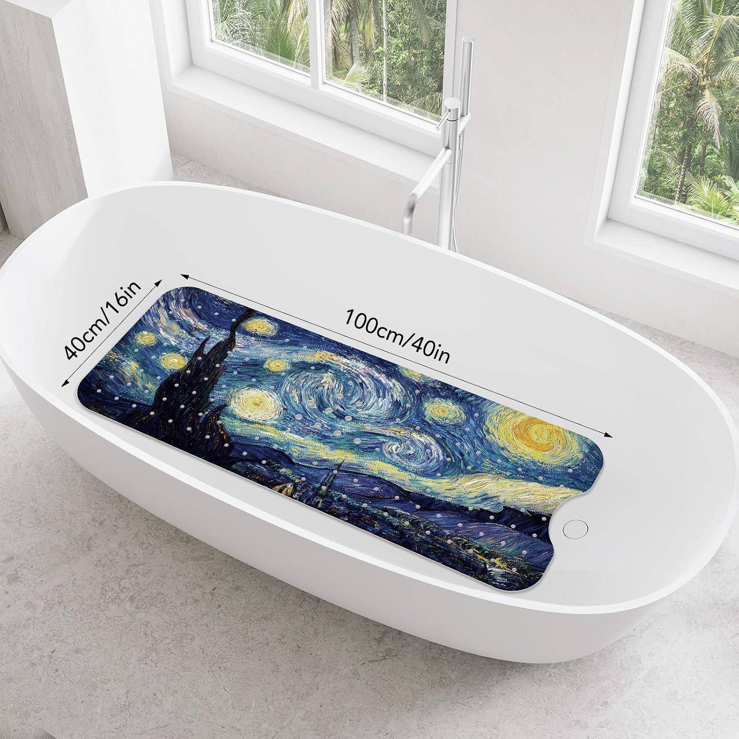 Weiße ovale Badewanne mit einer Badematte im Starry-Night-Design innen, mit einer Größenangabe von 100 cm/40 Zoll Länge und 40 cm/16 Zoll Breite.