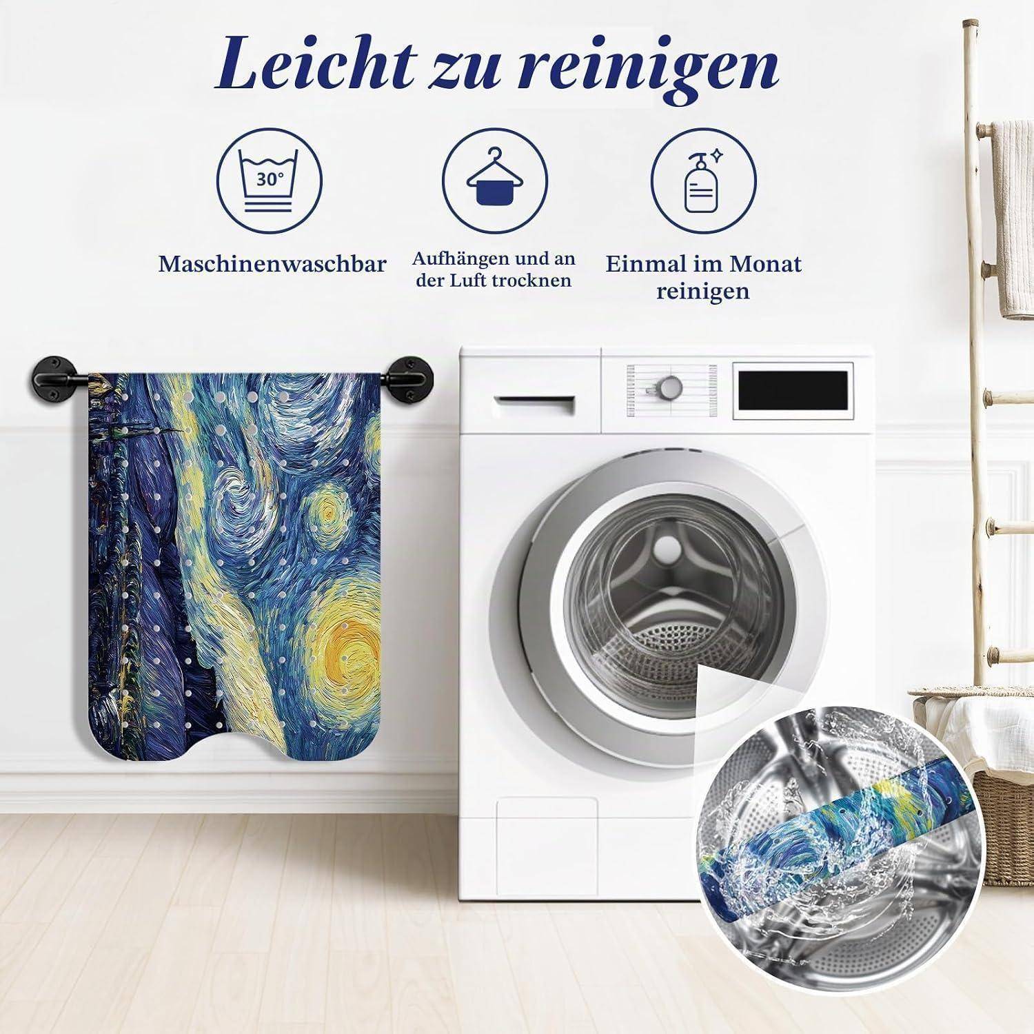 Duschvorhang leicht zu reinigen: Maschinenwäsche möglich, an der Luft trocknen, einmal im Monat reinigen, angezeigt neben einer Waschmaschine.