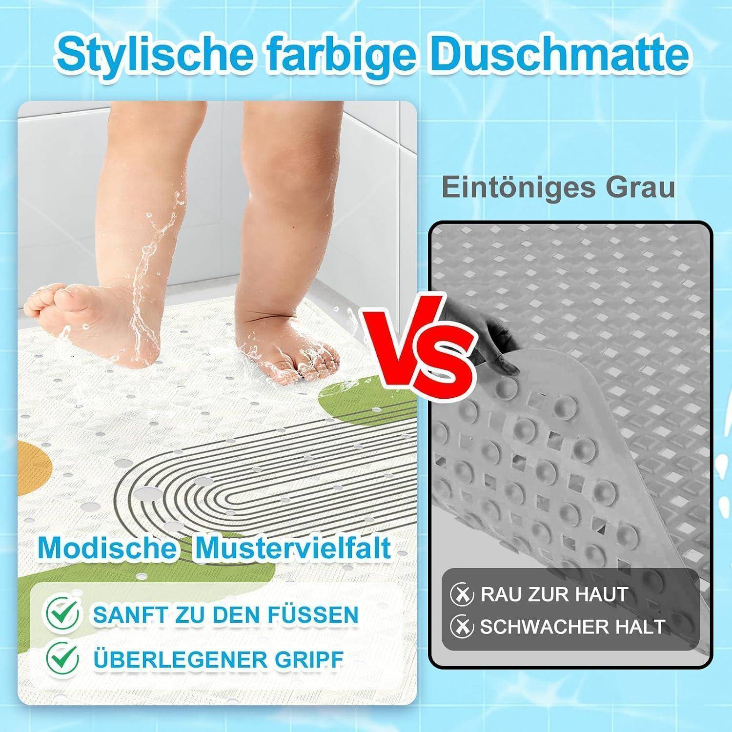 Advertising graphic comparing colorful, patterned bath mats versus gray mat; emphasizes soft foot comfort and better grip.