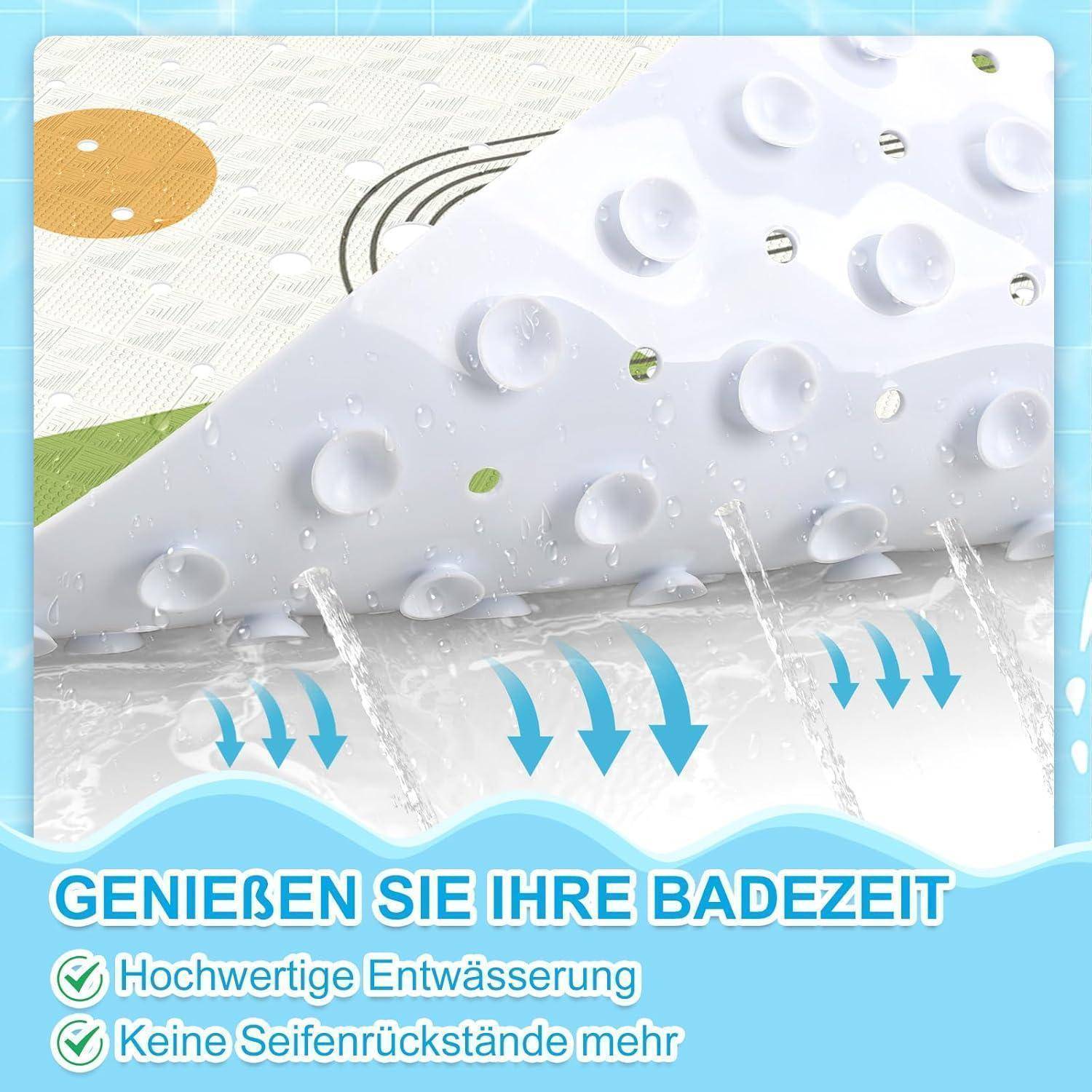 Illustration einer wasserabweisenden Badematte mit Saugnapfen und ablaufendem Wasser, mit deutschem Text: 'GENIEßEN SIE IHRE BADEZEIT', 'Hochwertige Entwässerung', 'Keine Seifenrückstände mehr