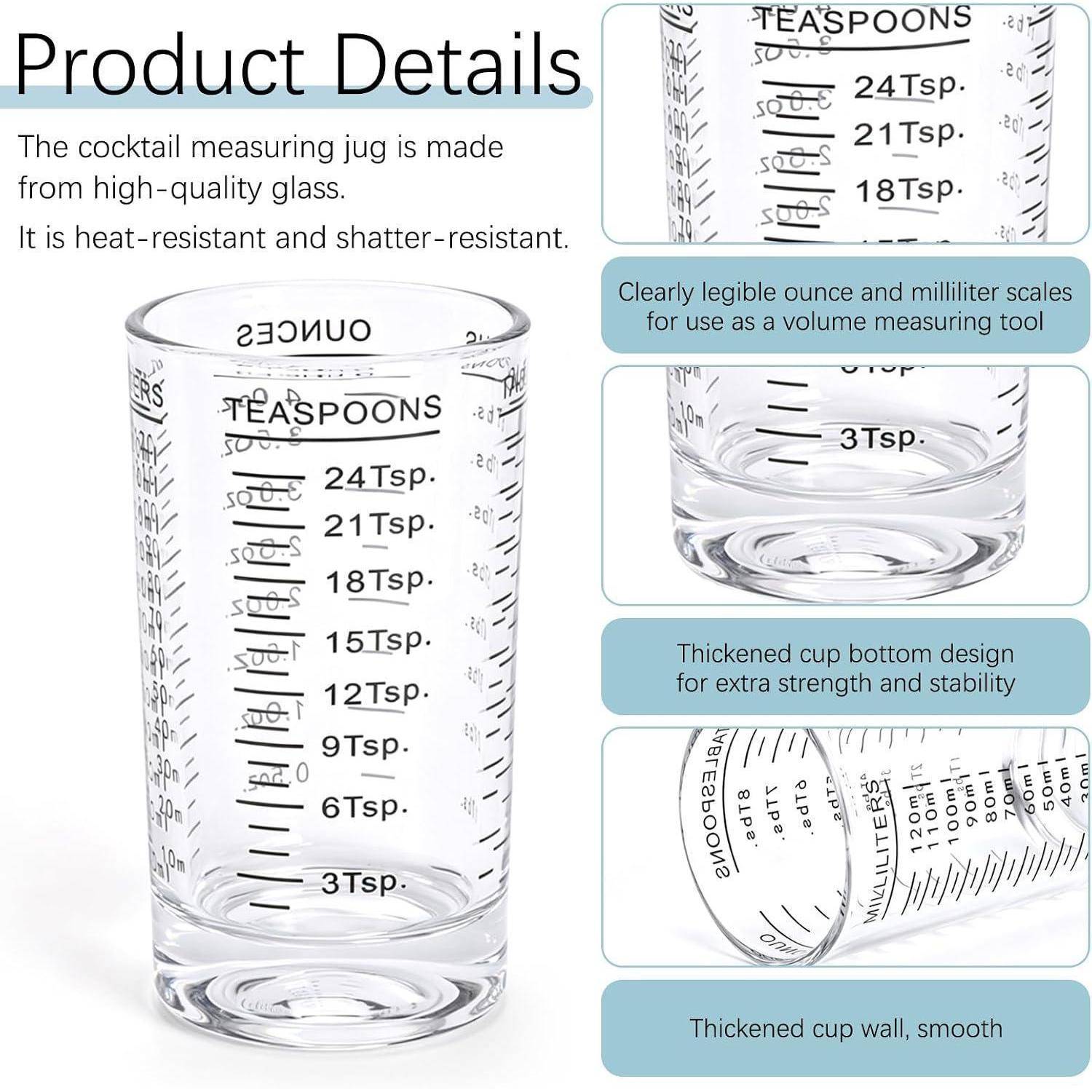 Produktdetails-Grafik für einen durchsichtigen Glas-Cocktail-Messbecher mit Unzen- und Teelöffel-Skalen, hitzebeständig und bruchsicher mit verstärktem Boden und Wand.