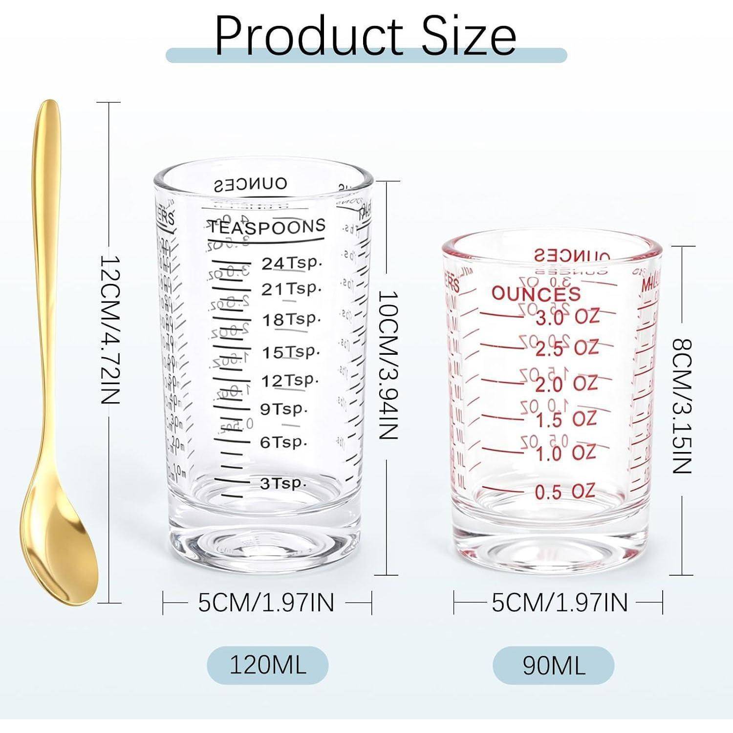 Größentabelle für Produkte mit einem goldenen Löffel und zwei Messbechern: 120 ml Teelöffel-Becher, 10 cm hoch, und 90 ml Unzen-Becher, 8 cm hoch, beide 5 cm breit.