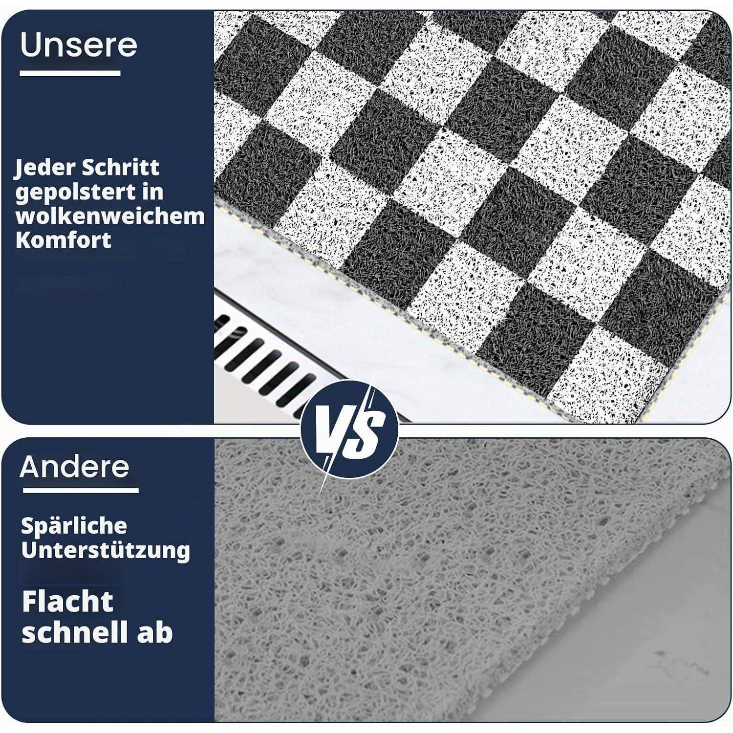 Vergleichsgrafik, die unseren Teppich mit gepolsterter Unterstützung zeigt, „Jeder Schritt gepolstert in wolkenweichem Komfort