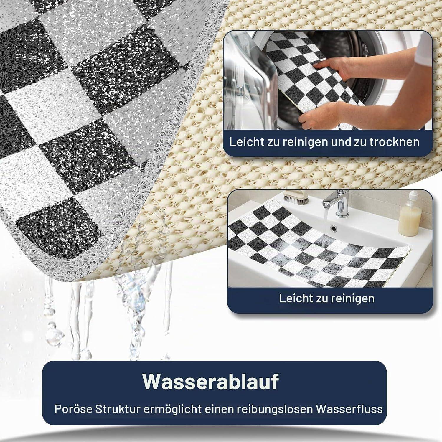Abbildung einer porigen karierten Matte mit Wasser, das abfließt; Einsatzfotos zeigen, wie sie in einem Waschbecken gespült wird. Der Text besagt „Wasserablauf