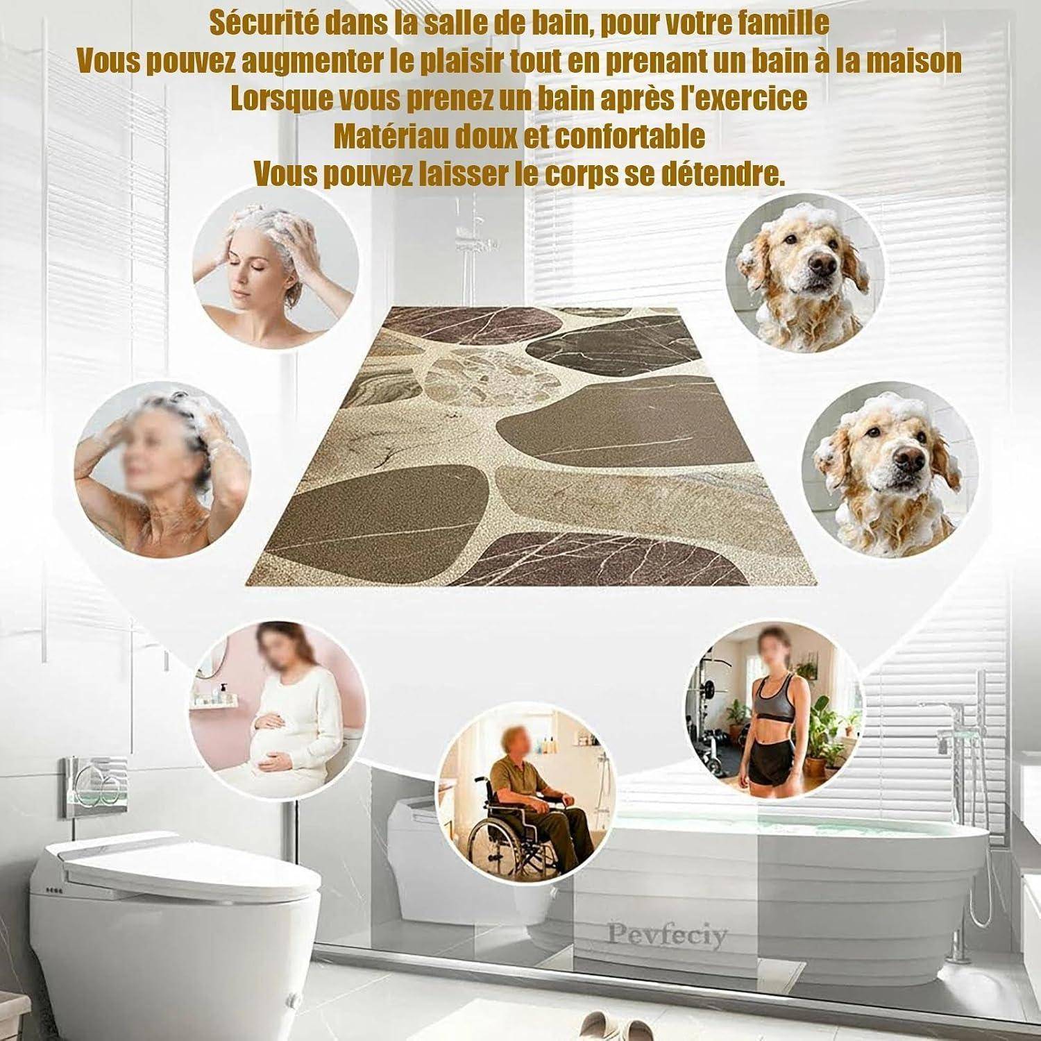 Weiches rutschfestes Badezimmertuch über einer Badewanne mit kreisförmigen Fotos von Menschen und Hunden und deutschem Text über Badezimmersicherheit und Komfort.