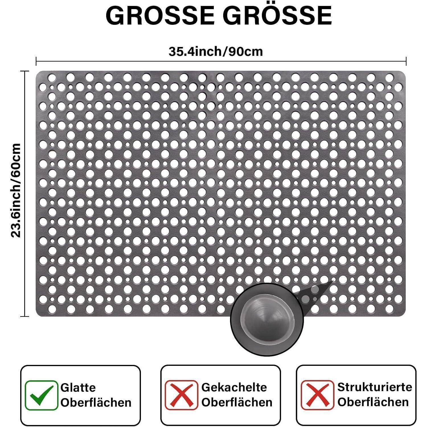 Graue perforierte Matte mit der Bezeichnung „GROSSE GRÖSSE", Maße 35,4 Zoll/90 cm x 23,6 Zoll/60 cm, mit einem kreisförmigen Saugnapf; gekennzeichnet als nur für glatte Oberflächen geeignet.