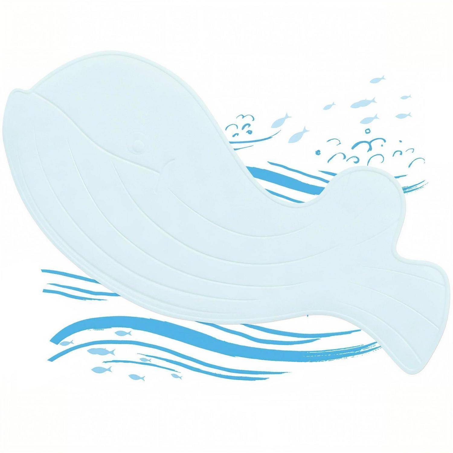 Hellblauer, walförmiger Schwimmflotator oder Poolfloss auf weißem Hintergrund, mit blauen Wellen- und Fischillustrationen darunter.