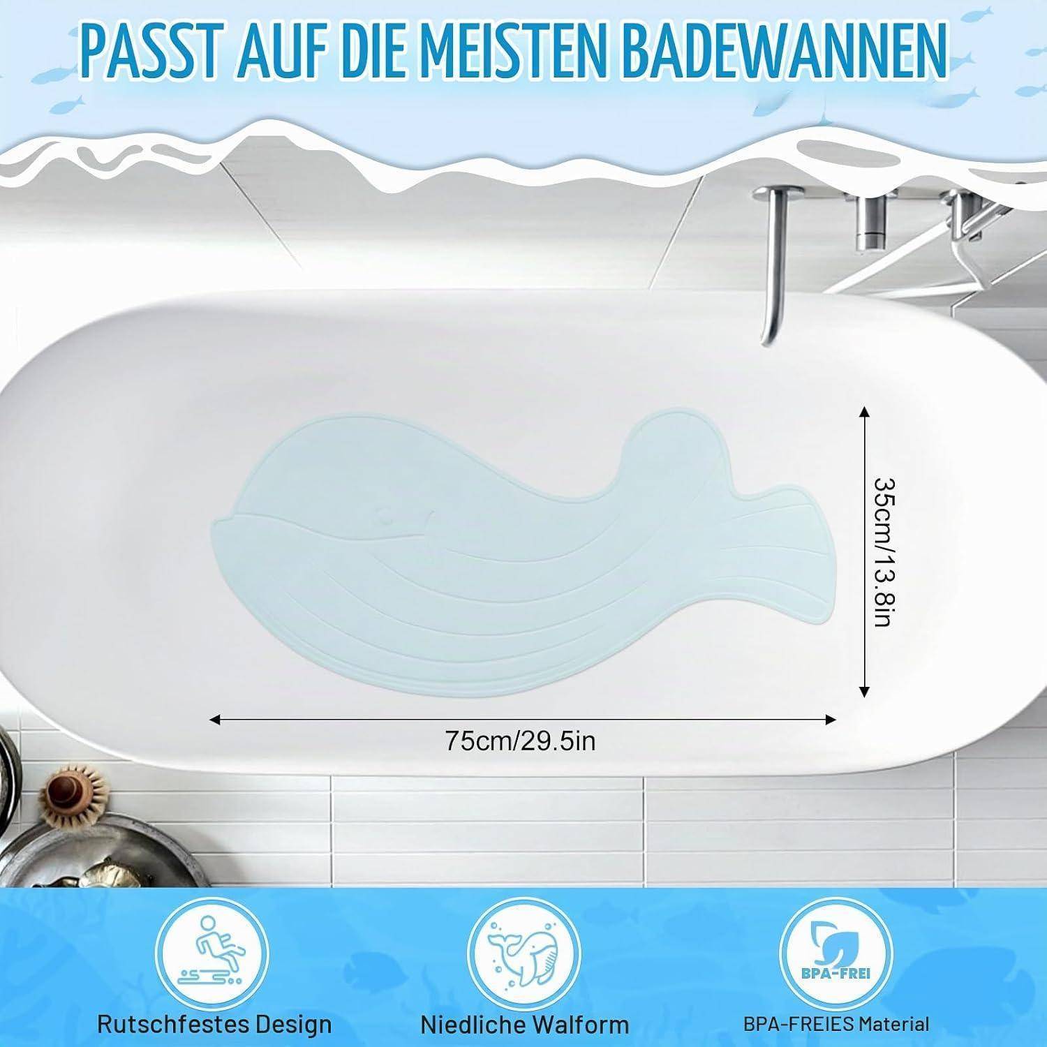 Illustration einer walförmigen Badesmatte für die meisten Badewannen, mit den Abmessungen 75 cm × 35 cm und folgenden Eigenschaften: rutschfest, niedliche Walform, BPA-freies Material.