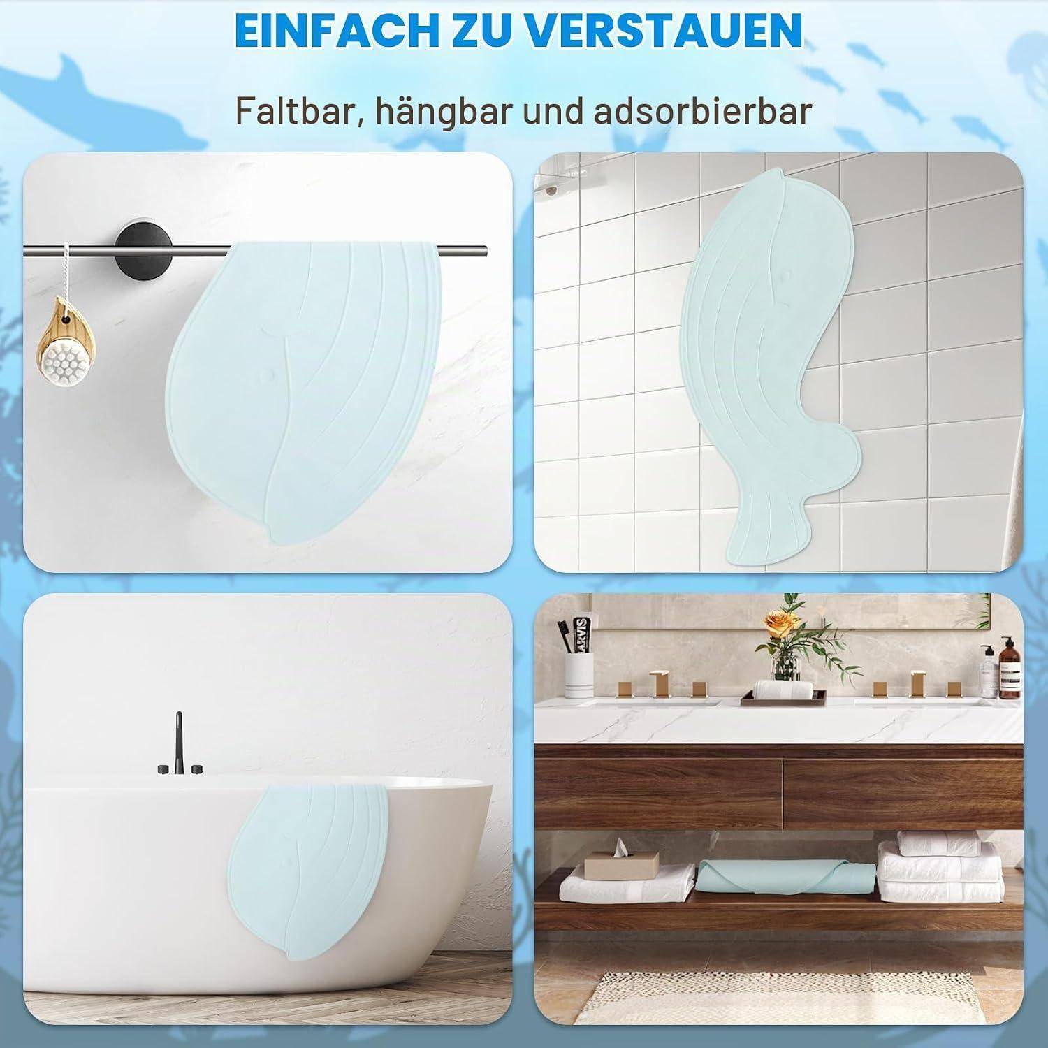 Gummi-Badematte Kinder Wal-Form 75x35cm Blau Rutschfest Maschinenwaschbar