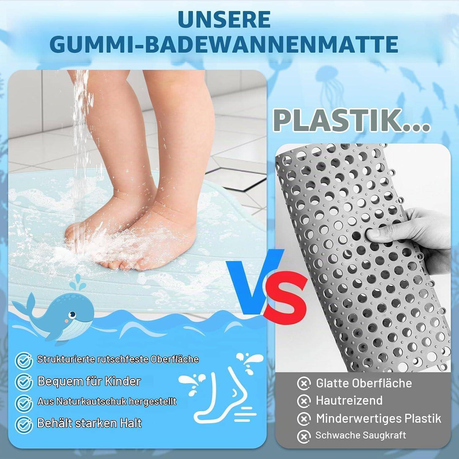 Gummi-Badematte Kinder Wal-Form 75x35cm Blau Rutschfest Maschinenwaschbar