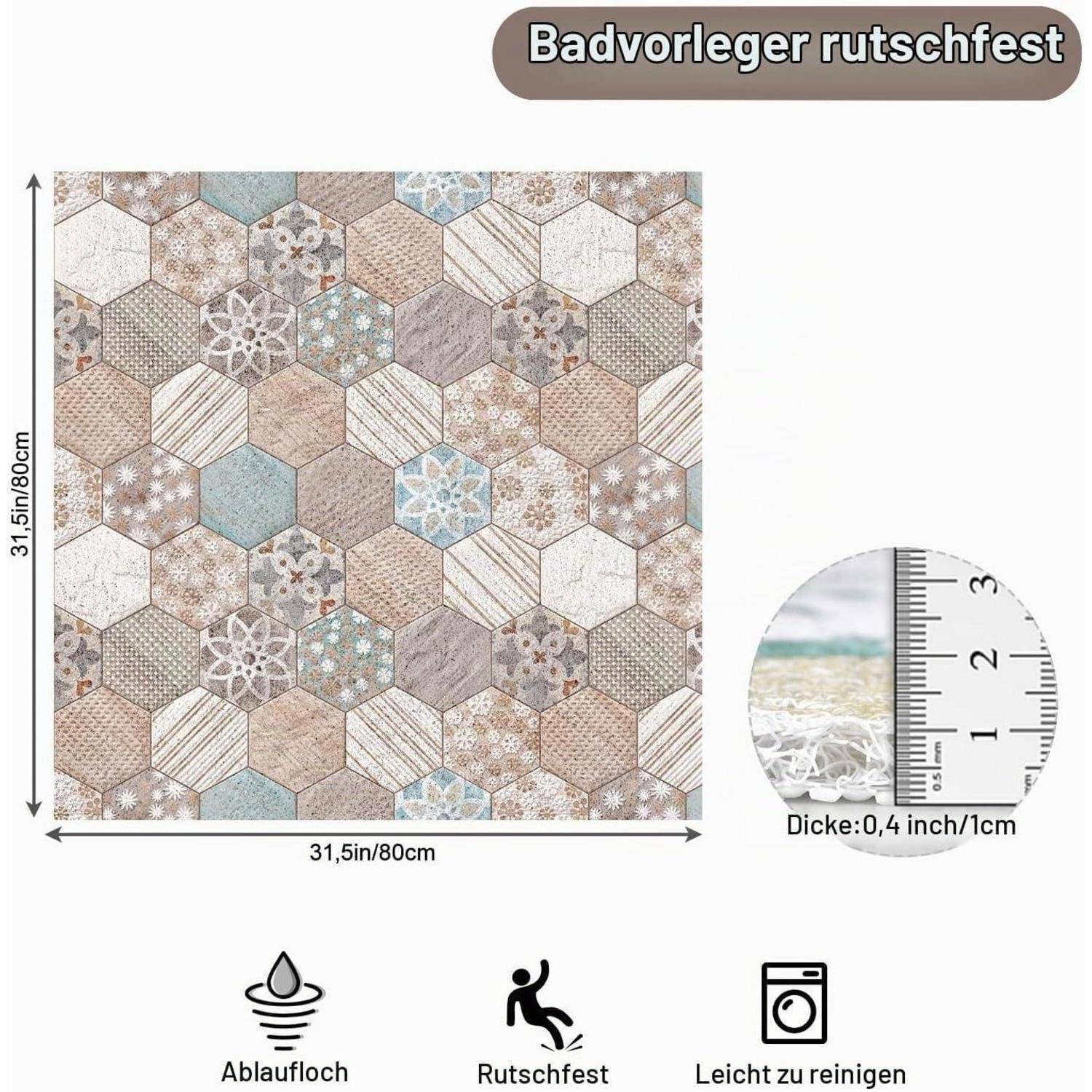 Quadratische selbstklebende rutschfeste Badmatte 31,5 x 31,5 cm mit gemustertem Sechskachel-Design; zeigt 0,4 cm Dicke, waschbar und leicht zu reinigen.
