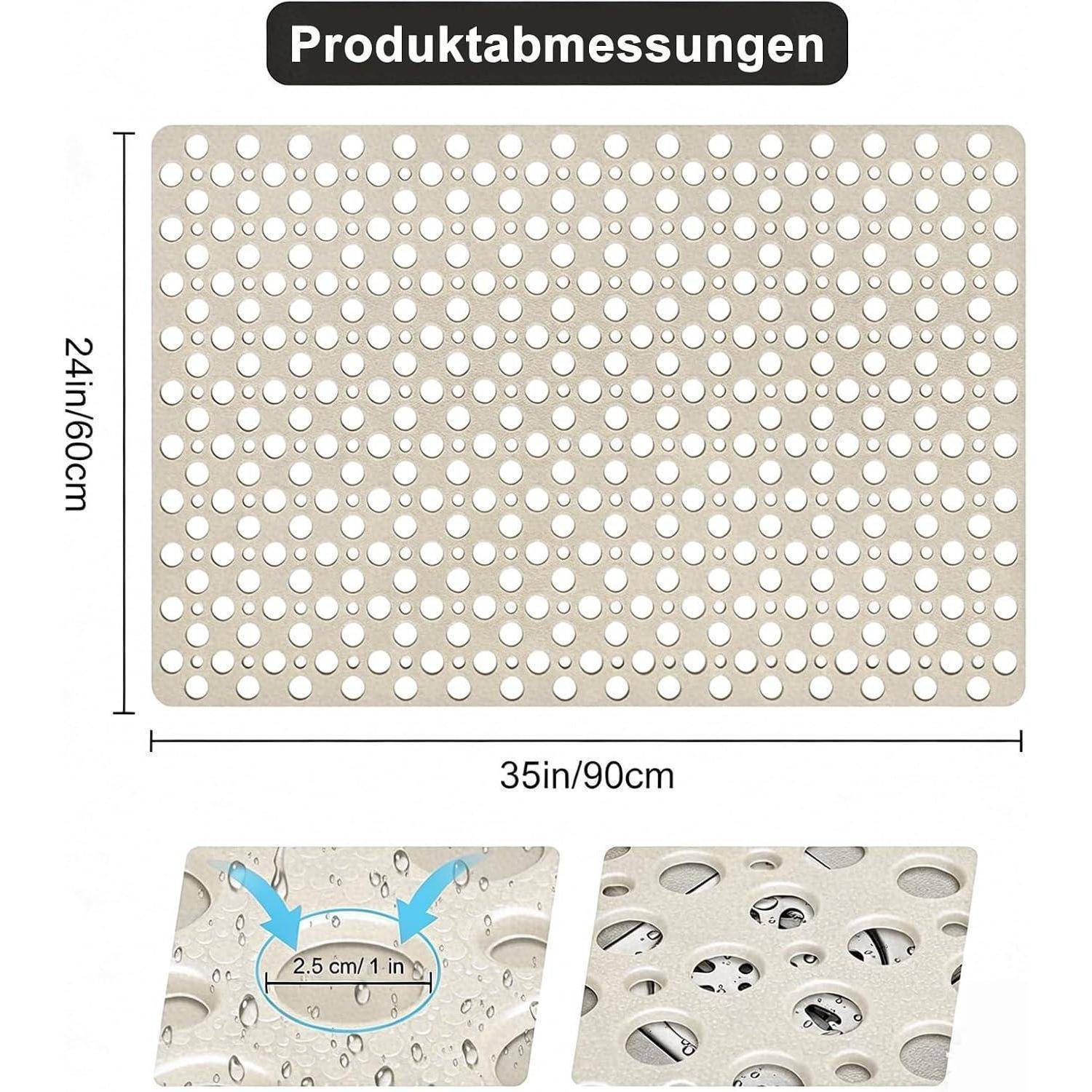 Produktabmessungen einer perforierten beigen Matte: 35 Zoll/90 cm breit und 24 Zoll/60 cm hoch, mit 2,5 cm/1 Zoll großen Löchern, die in Nahaufnahme gezeigt werden.
