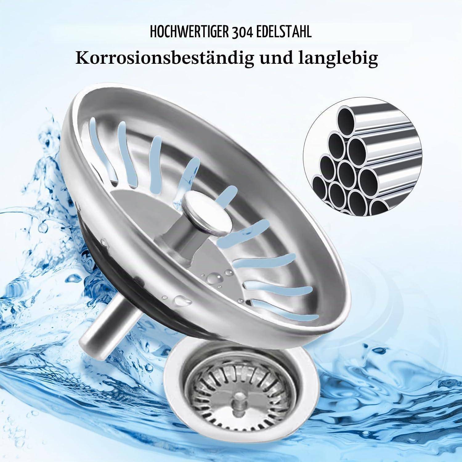 Nahaufnahme eines Edelstahlspülbeckens mit Abfluss und Sieb, das in Wasser spritzt, mit deutschem Text, der hochwertige 304er Edelstahl, Korrosionsbeständigkeit und Langlebigkeit bewirbt.