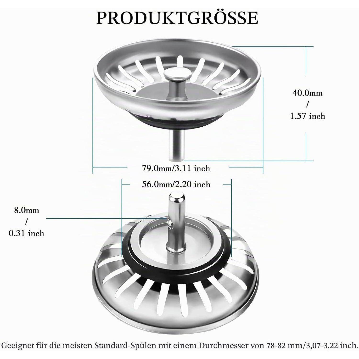 Größendiagramm eines Edelstahl-Spülensieb, das Draufsicht und Bodenansicht mit Abmessungen zeigt: 79,0 mm Breite, 56,0 mm Innenbreite, 40,0 mm Höhe, 8,0 mm Dicke.