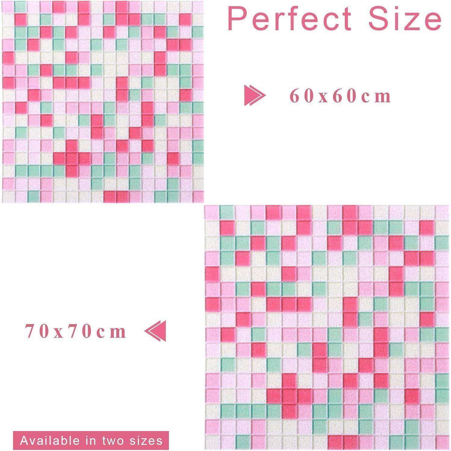 Mustervorschau zeigt das gleiche rosa, minzgrüne und weiße Mosaik in zwei Größen, beschriftet mit „Perfect Size