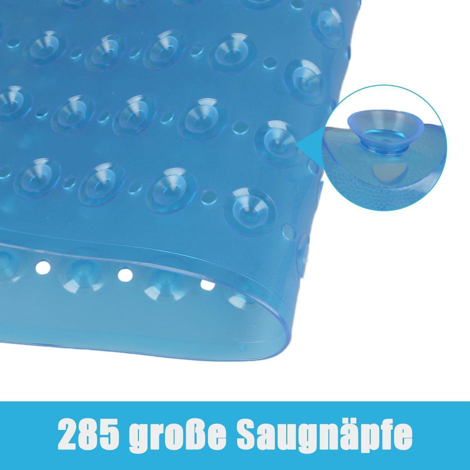 Blaue Saugnapfmatte mit vielen kleinen Saugnäpfen und eingefügter Nahaufnahme; Text lautet „285 große Saugnäpfe
