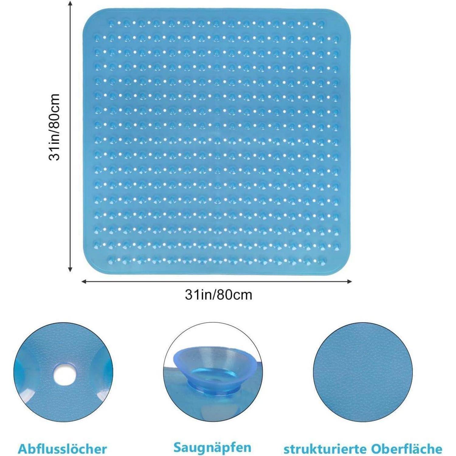 Blaue quadratische rutschfeste Badewannenmatte, 31 Zoll x 31 Zoll, mit Saugnäpfen, Ablöchern und strukturierter Oberfläche; Detailkreise zeigen Merkmale.