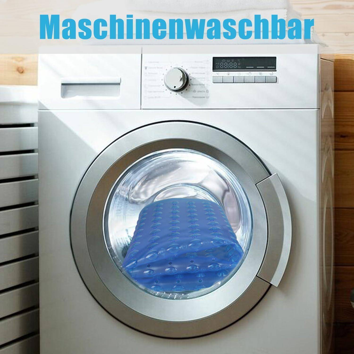 Frontlader-Waschmaschine mit einem blauen Wäschestück darin, oben mit 