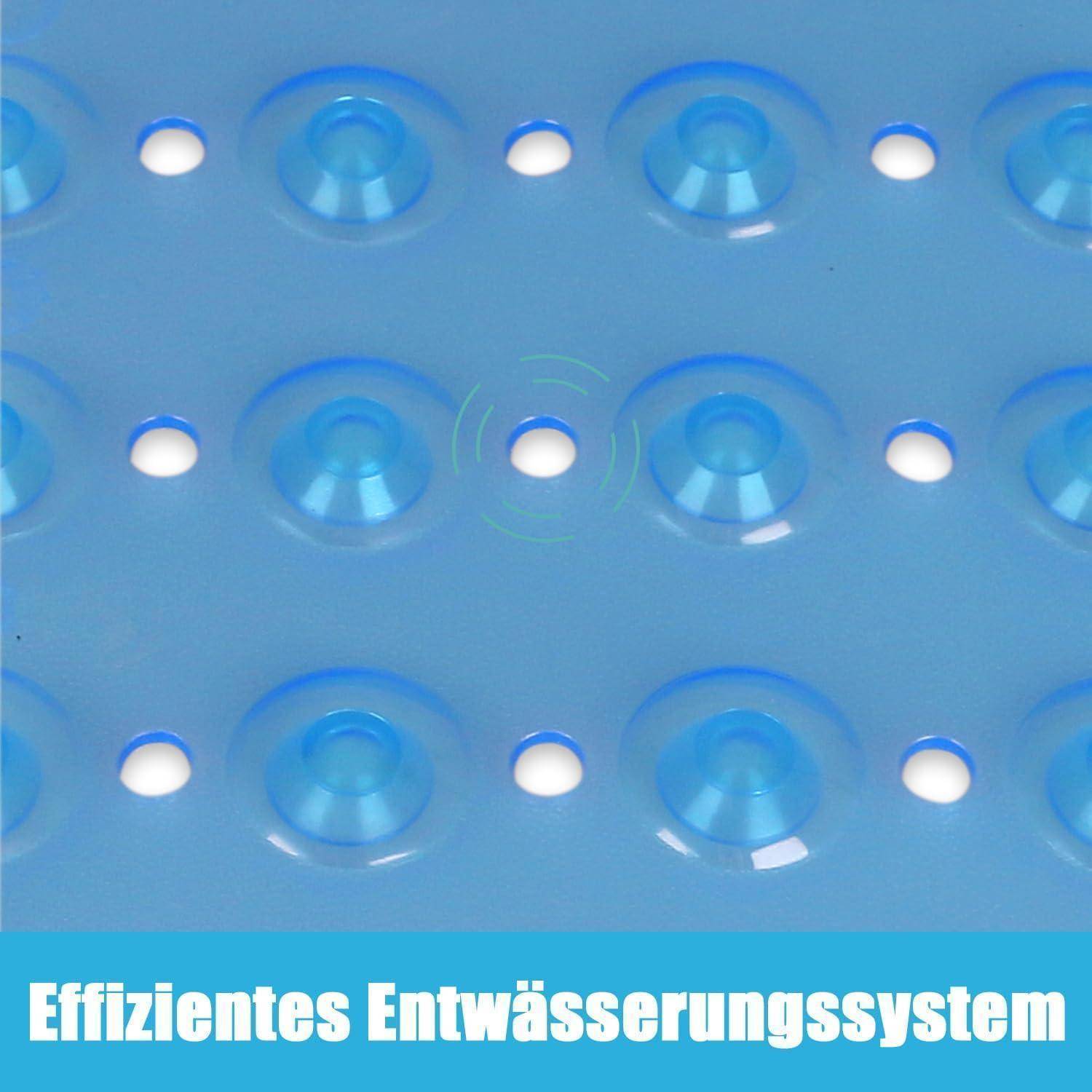 Blauartige Drainage-Matte mit Lochung und runden erhabenen Noppen und Löchern, unten beschriftet mit „Effizientes Entwässerungssystem