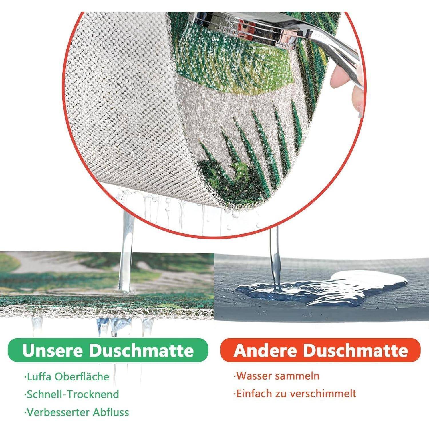 Vergleich von Duschmatten: Die linke Matte hat eine glatte, schnell trocknende Oberfläche mit besserer Drainage; die rechte Matte staut Wasser und kann leicht Schimmel bilden.