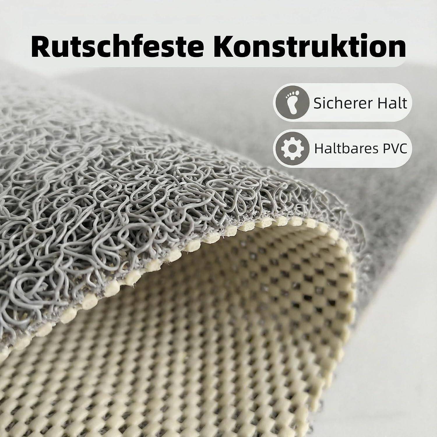 Nahaufnahme einer aufgerollten grauen PVC-Matte mit strukturiertem rutschfestem Rücken, gekennzeichnet mit „Rutschfeste Konstruktion