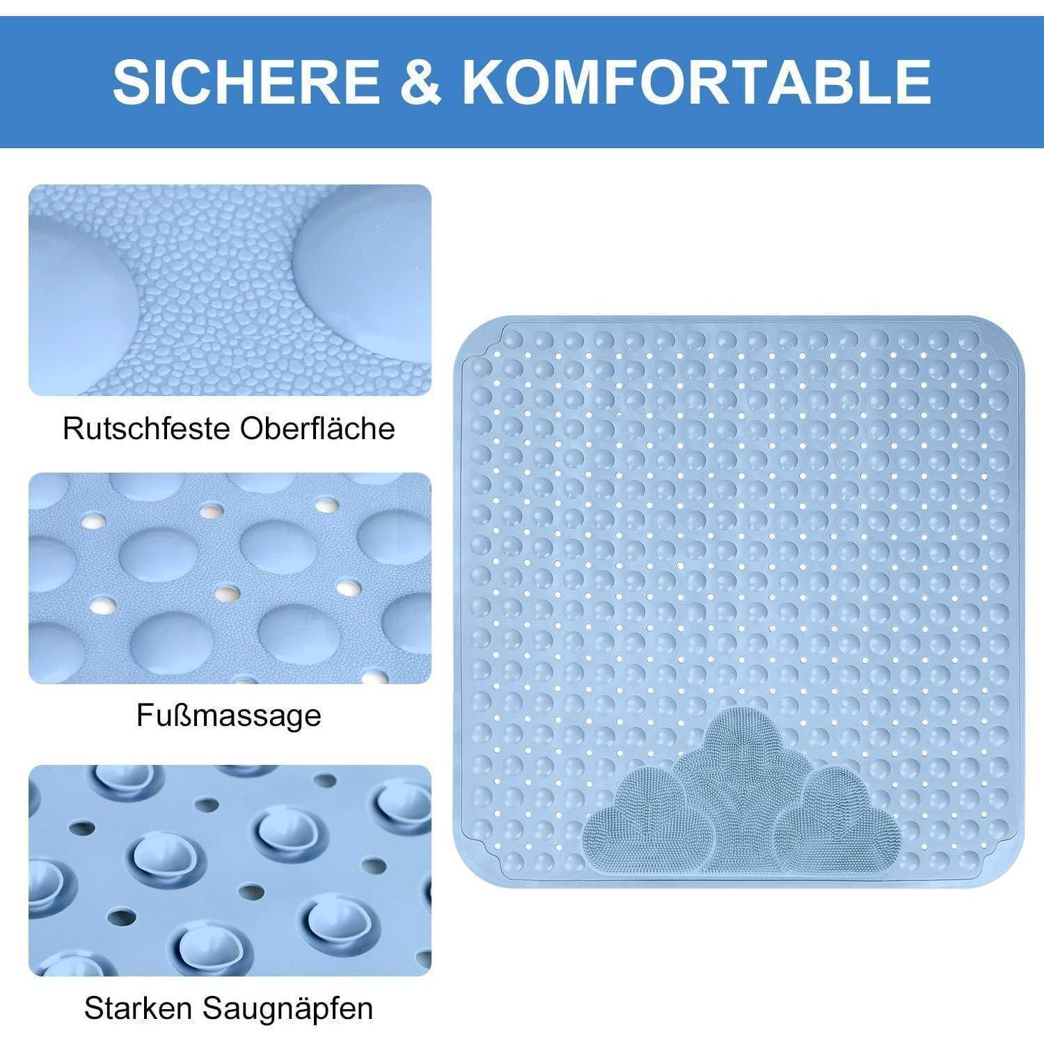 Blauer Badevorleger mit rutschsicherer Oberfläche, Fußmassage-Noppen und starken Saugnapfen; mit dem Label „SICHERE & KOMFORTABLE
