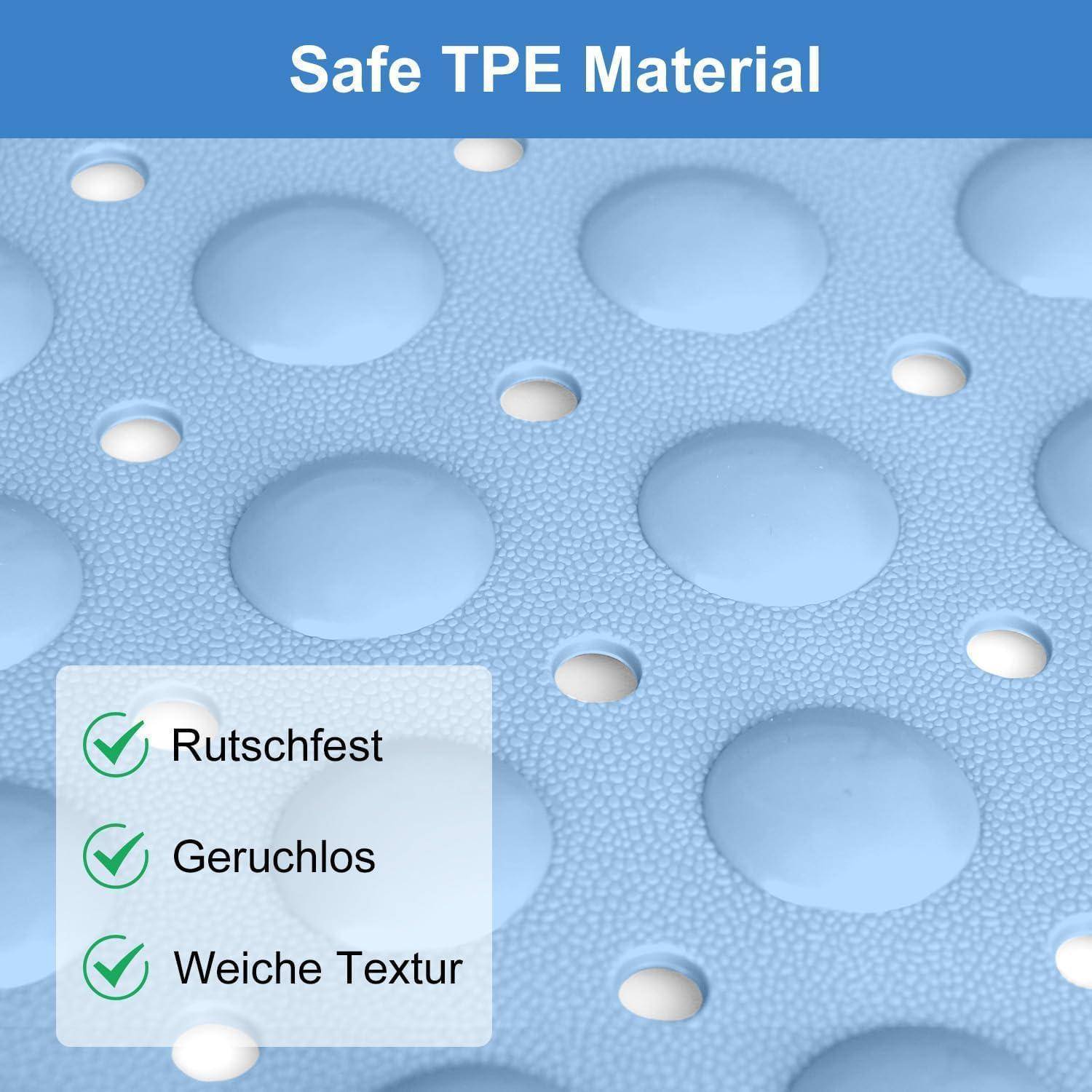 Blaues strukturiertes TPE-Material mit erhabenen Punkten und Löchern, beschriftet mit „Sicheres TPE-Material