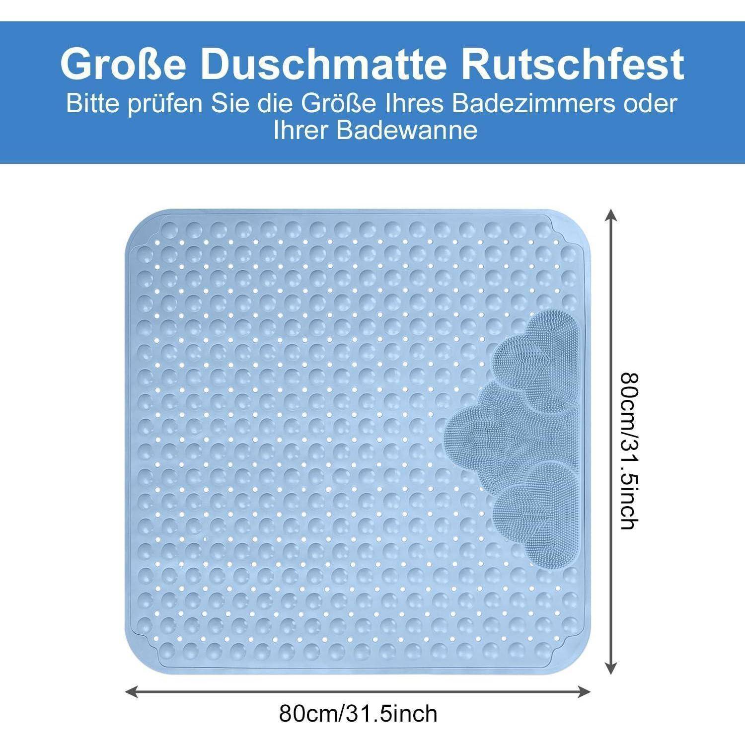 Blaugelbes quadratisches rutschfestes Badewannenmatte mit Saugnäpfen und strukturierten Kreisen, beschriftet 80 cm x 80 cm.
