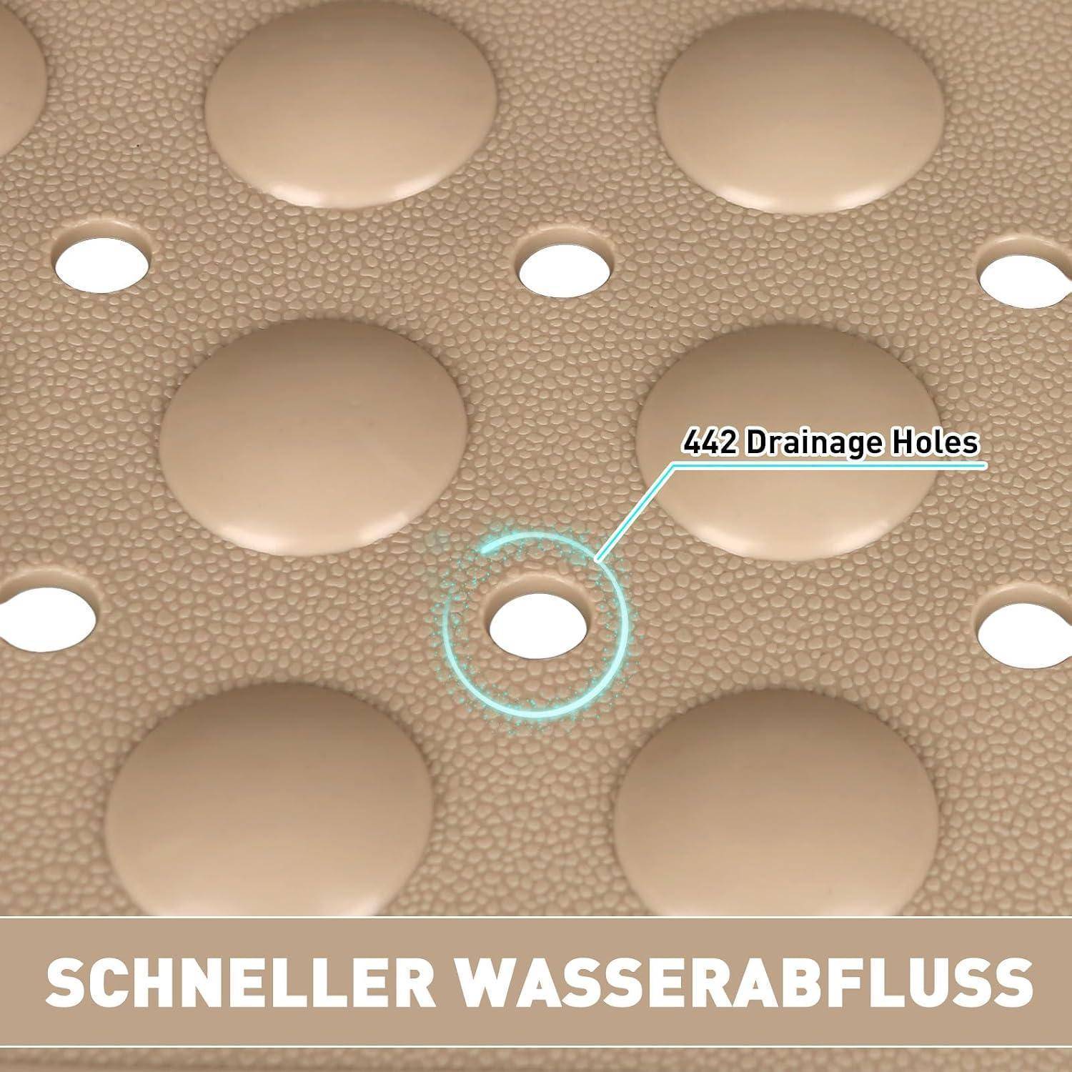 Strukturierte beige Matte mit vielen Drainagelöchern, eines hervorgehoben und mit „442 Drainagelöcher" beschriftet, plus deutscher Text „SCHNELLER WASSERABFLUSS"" der schnelleren Wasserablauf anzeigt.